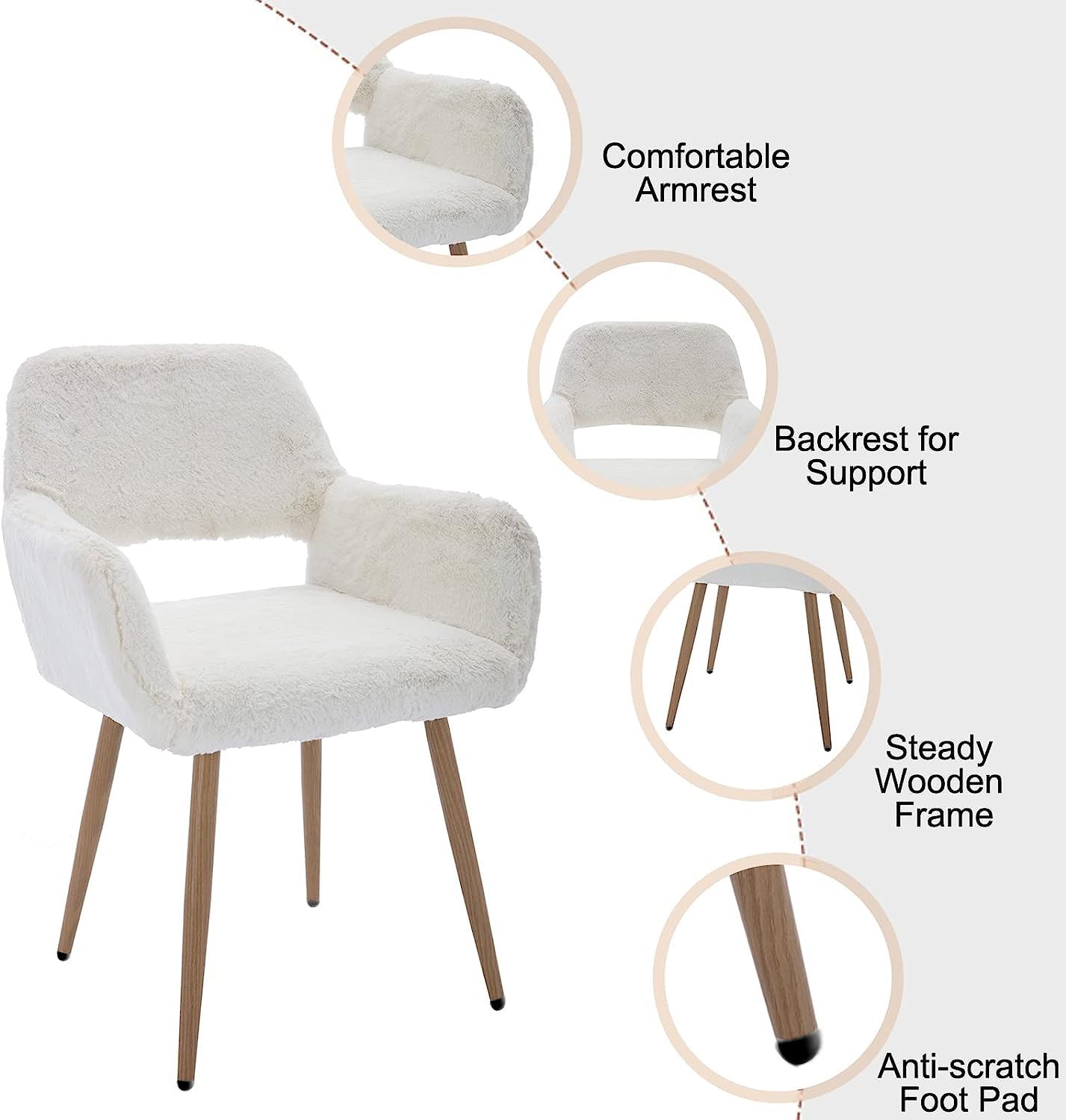 Luxury White Faux Fur Office Chair with Wood Finish Metal Legs - Soft Fluffy Vanity Chair for Girls & Teens - Perfect for Home Office, Makeup Desk, Dining Room & Study Area