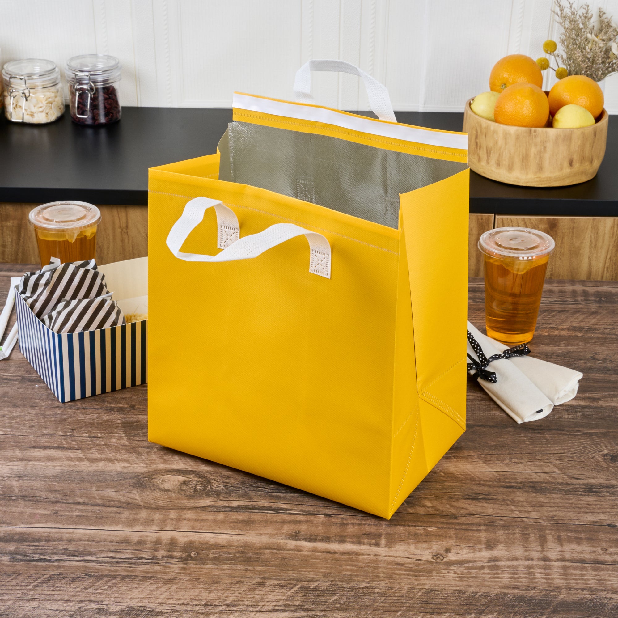 Insulated Yellow Takeout Bags - Tamper Evident Food Delivery Bags (11.75