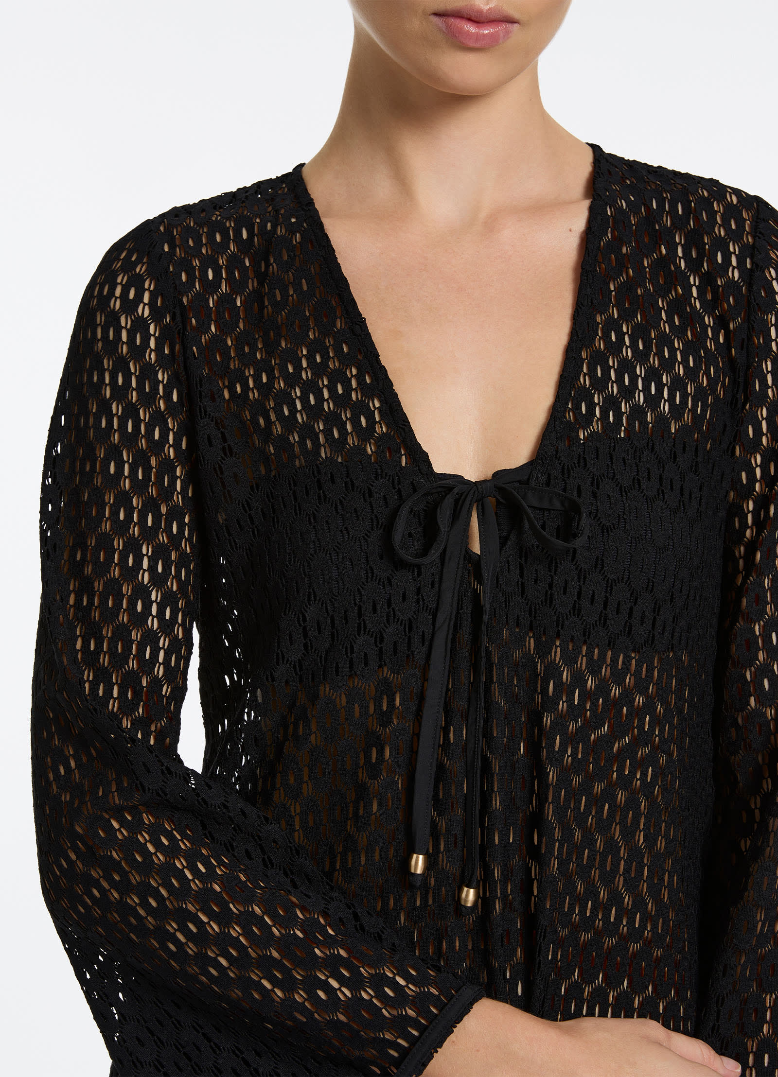 Elegant Black Stretch Lace Maxi Kaftan Dress - Flowy Long Boho Cover Up for Beach, Pool, or Summer Vacation