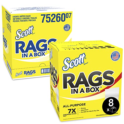 Scott Rags In A Box (75260) - Premium White Shop Towels, 200 Towels per Box, 8 Boxes per Case - Ideal for Automotive, Workshop & Industrial Cleaning