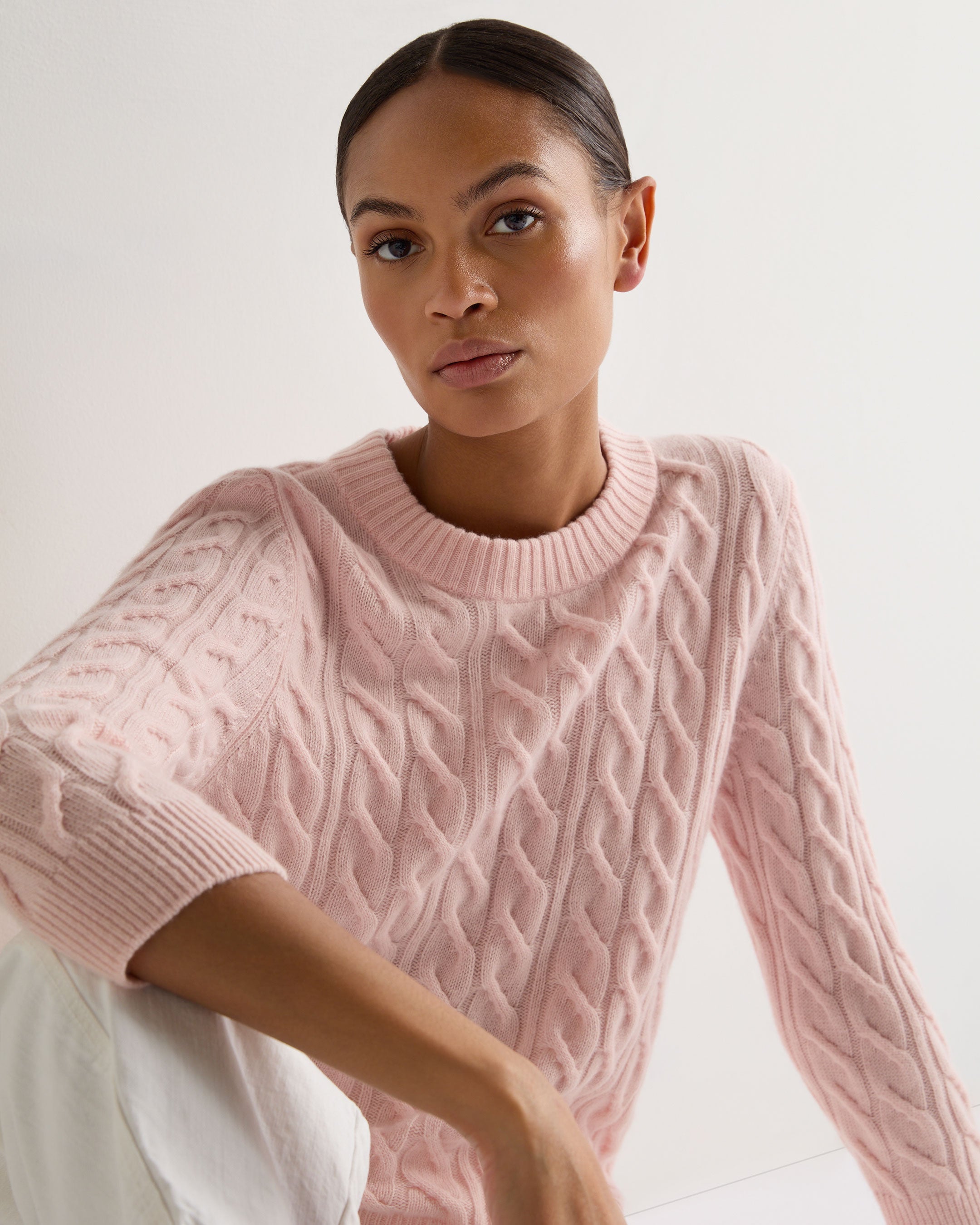 Women's Emilia Cable Knit Cashmere Sweater - Soft Round Neck Pullover in Blossom Pink | Perfect for Winter Layering & Office Wear