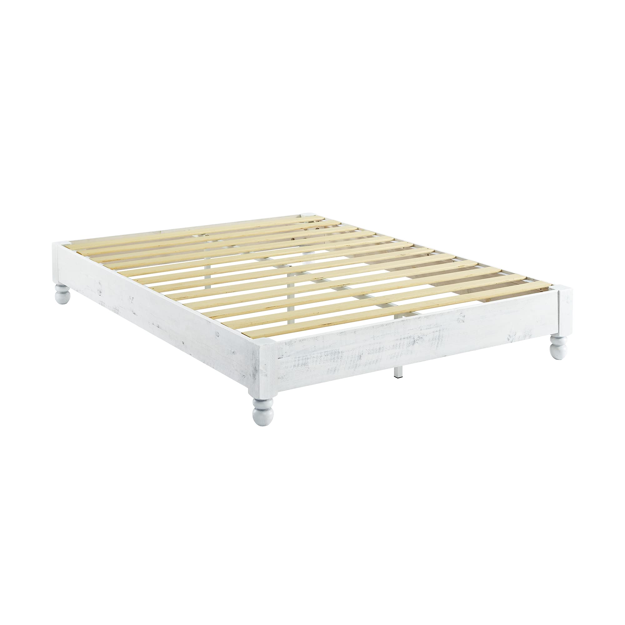 Solid Wood Platform Bed Frame - Full Size, Rustic White Washed Finish for Bedroom Decor