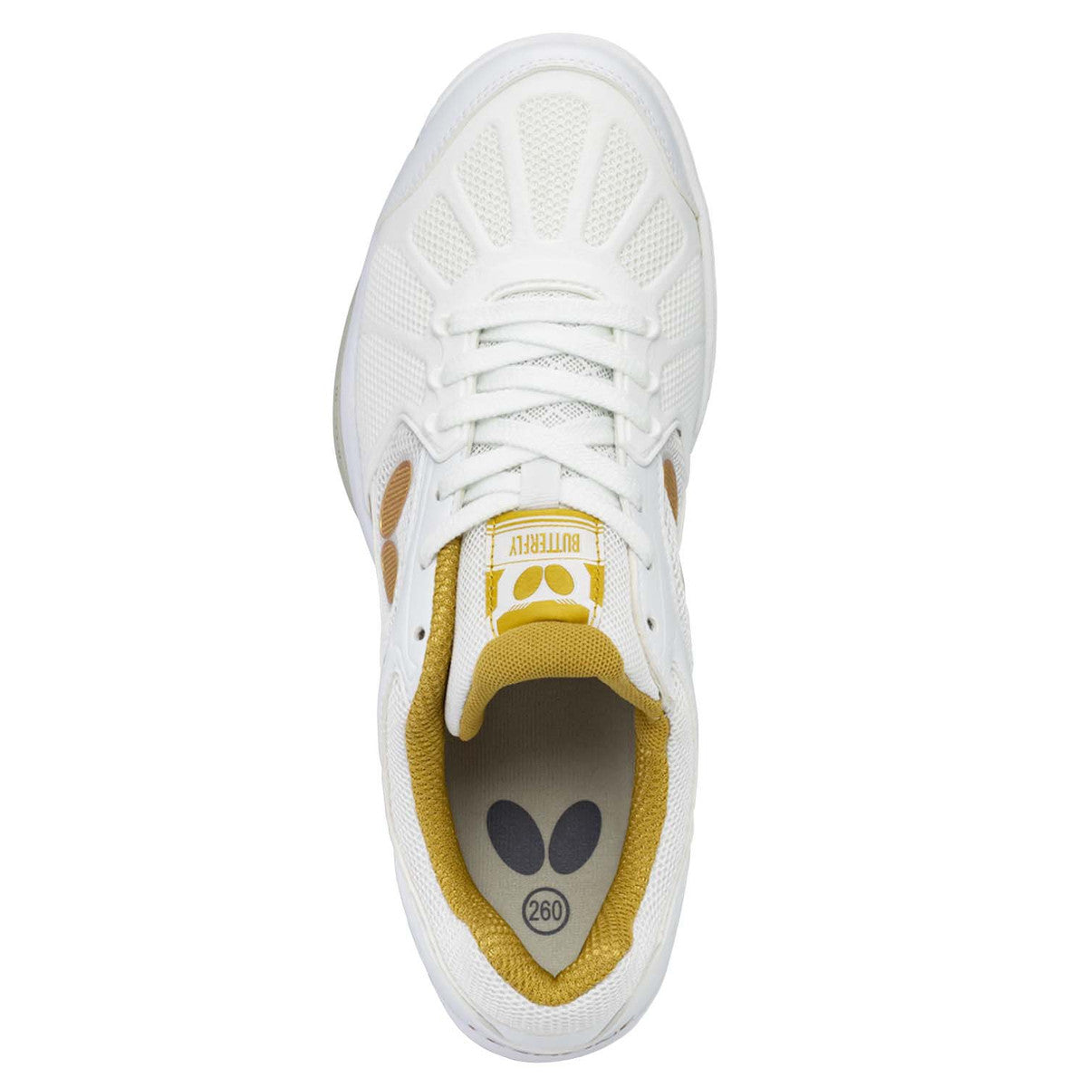 Butterfly Lezoline Rifones Table Tennis Shoes for Men & Women - White/Gold - Lightweight & Non-Slip for Indoor Court Sports - Perfect for Ping Pong, Badminton & Squash
