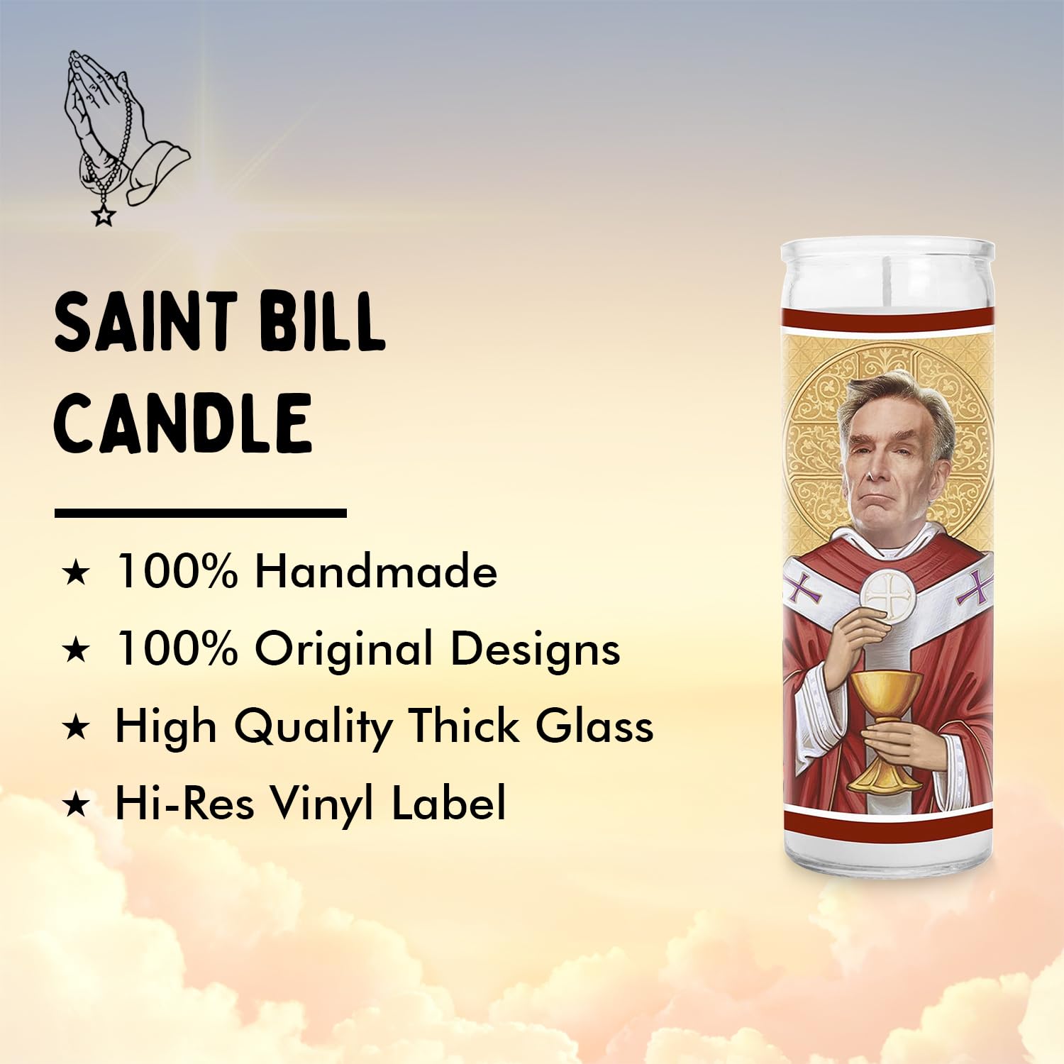 8 Inch Handmade Glass Prayer Candle | Celebrity Saint Votive Candle | USA Made Novelty Gift for Home Altar, Meditation & Spiritual Decor