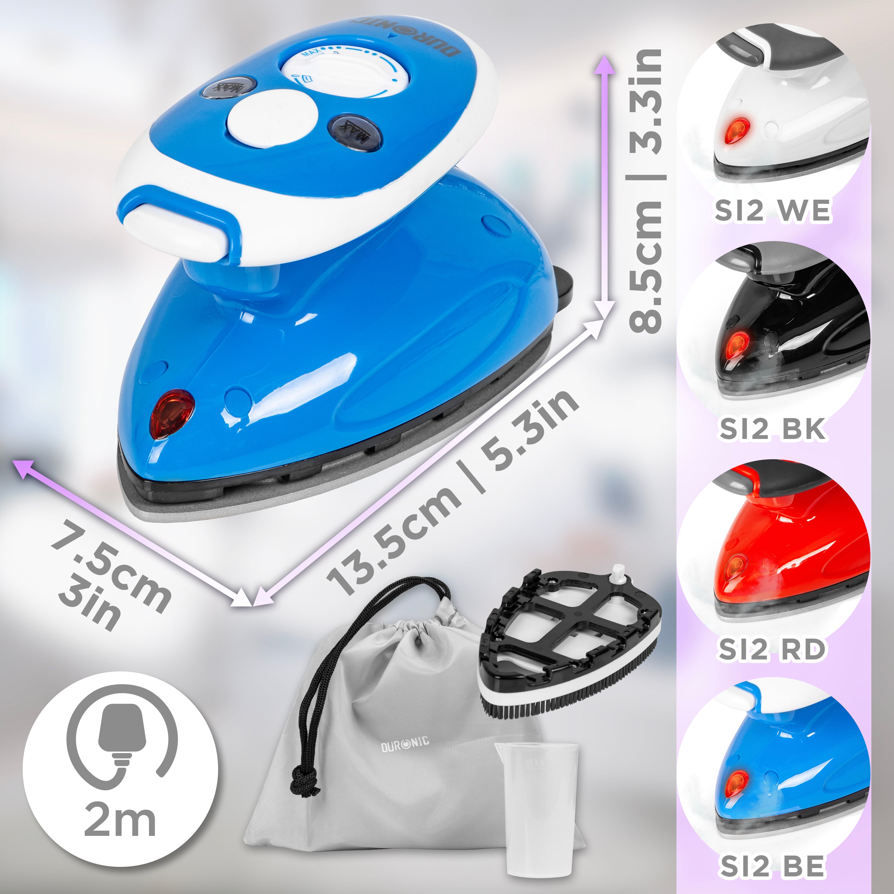 Duronic Si2 BE Mini Travel Iron - 375W Compact Steamer with 50ml Water Tank, Adjustable Heat Settings & Brush - Perfect for Quilting, Patchwork, Applique & Crafts - Ideal for Travel, Holidays & Home Use - Blue