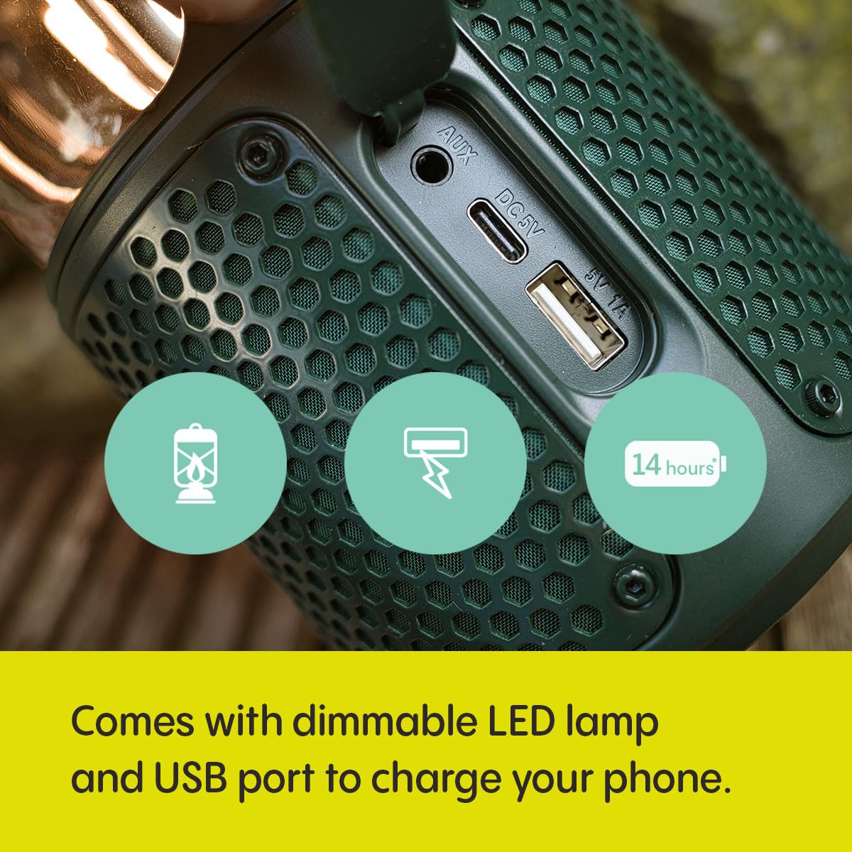Pure Woodland Glow Outdoor Bluetooth Speaker with LED Light - Bluetooth 5.3, 360° Surround Sound, IPX6 Waterproof, 14-Hour Battery Life | Perfect for Garden Parties, Camping Trips & Backyard Gatherings (Green)