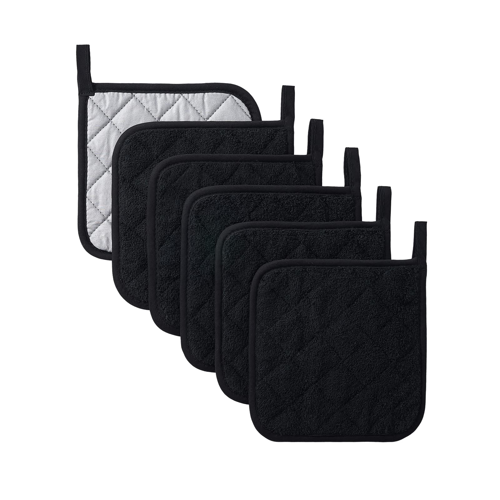 Heat Resistant Cotton Kitchen Pot Holders Set - 7 x 7 Inch (6 Pack) Black - Oven Mitts, Hot Pads & Trivets for Cooking, Baking & Serving - Perfect for Everyday Use, Holiday Meals & Hosting Gifts