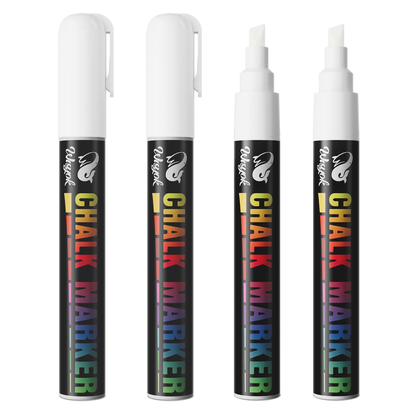 WISYOK 4 Pack Liquid Chalk Markers - Erasable White Chalk Pens for Chalkboards, Windows, Glass & Acrylic - 6mm Reversible Bullet & Chisel Tip - Perfect for Restaurants, Classrooms & DIY Signage