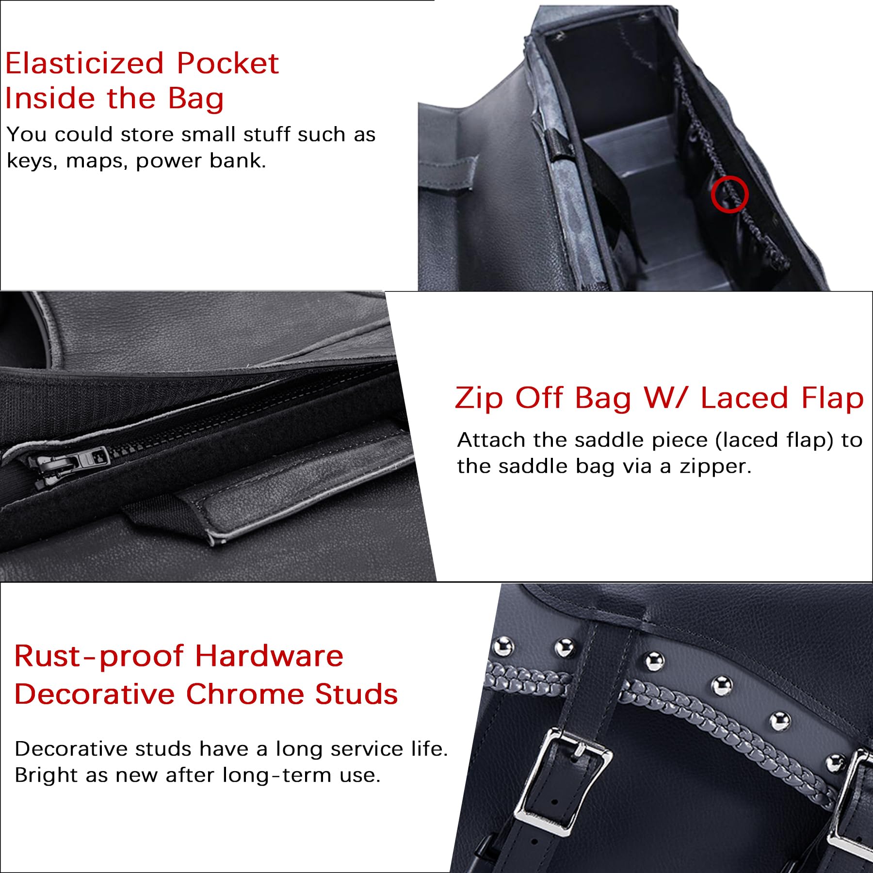 Dream Apparel Faux Leather Motorcycle Saddle Bags - Studded Throw Over Side Bags for Honda Shadow, Sportster, Softail & Dyna - Waterproof PVC Motorcycle Luggage (Black/Grey) - Perfect for Cruiser Rides & Long-Distance Touring