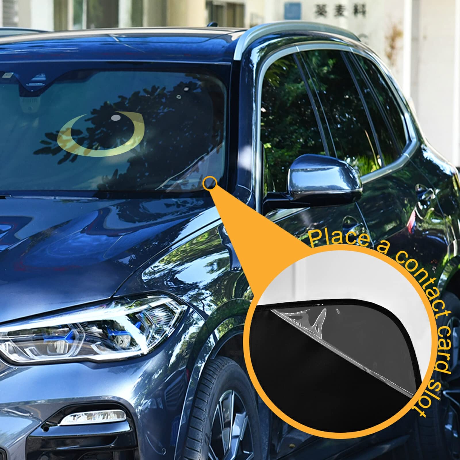 Qilmy Black Cat Eye Car Windshield Sunshade - Foldable UV Sun Visor Protector for Cars (55 x 27.6 Inch) | Heat & Glare Reduction for Parking & Driving | Universal Fit for Most Vehicles