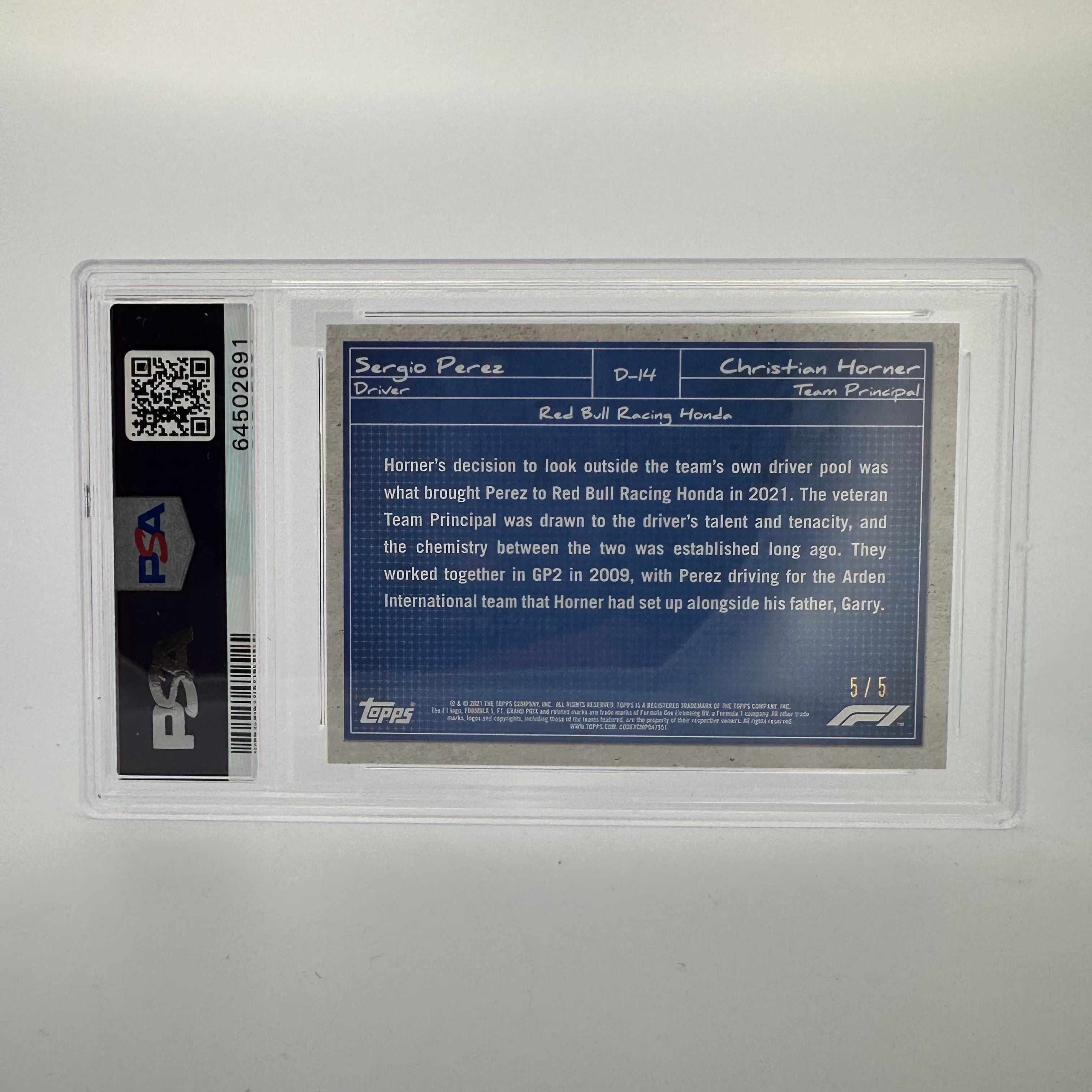 PSA 7 5/5 Sergio Perez & Christian Horner Red Bull Racing Debrief #D14 - Perfect for F1 Collectors & Motorsport Fans | Display in Home Office, Man Cave, or Sports Memorabilia Collection