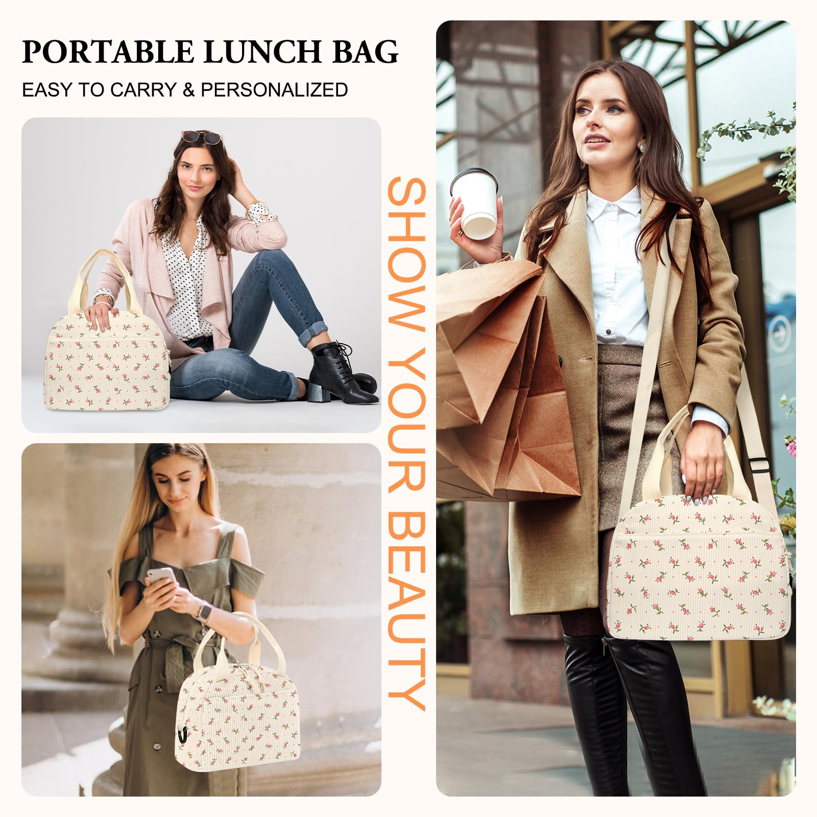 Stylish Insulated Lunch Bag for Women & Men - Large Corduroy Lunch Box with Shoulder Strap, Floral Tote & Reusable Cooler Bag | Perfect for Work, School, Picnics & Outdoor Activities