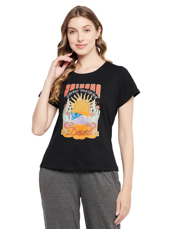 Clovia Women's Cotton Regular Fit Text & Graphic Print T-Shirt - Casual Comfort Top for Everyday Wear, Outings & Lounge