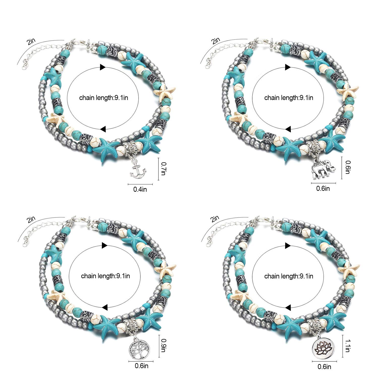 Gleamart Adjustable Boho Beach Turtle Anklet - Handmade Layered Foot Chain Jewelry for Women | Perfect for Summer Vacations, Beach Parties & Boho Fashion