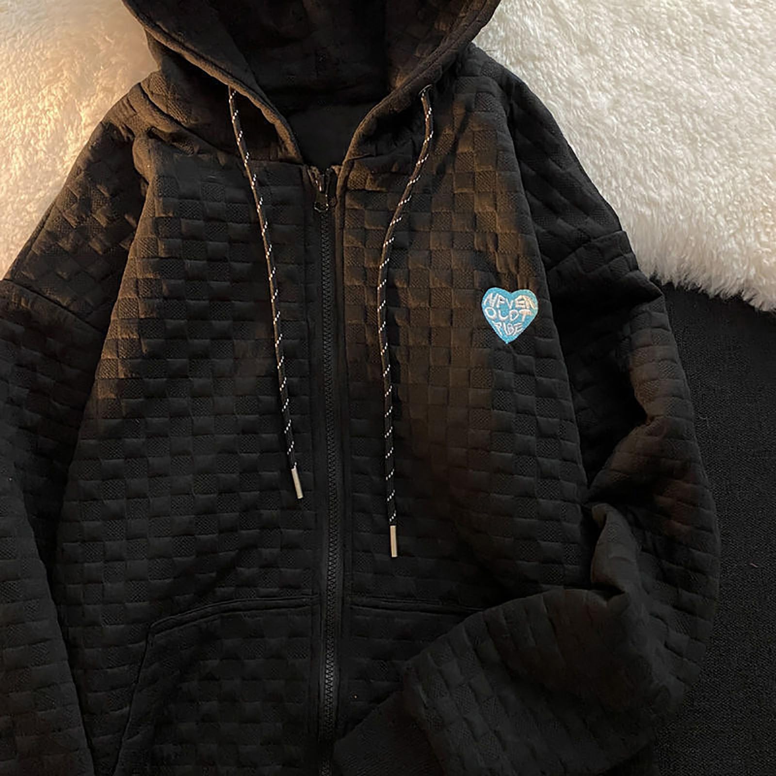Trendy Women's Waffle Drawstring Hoodie - Baggy Oversized Pullover with Heart Embroidery & Zipper Detail | Long Sleeve Casual Sweatshirt for Streetwear, Loungewear & Winter Fashion