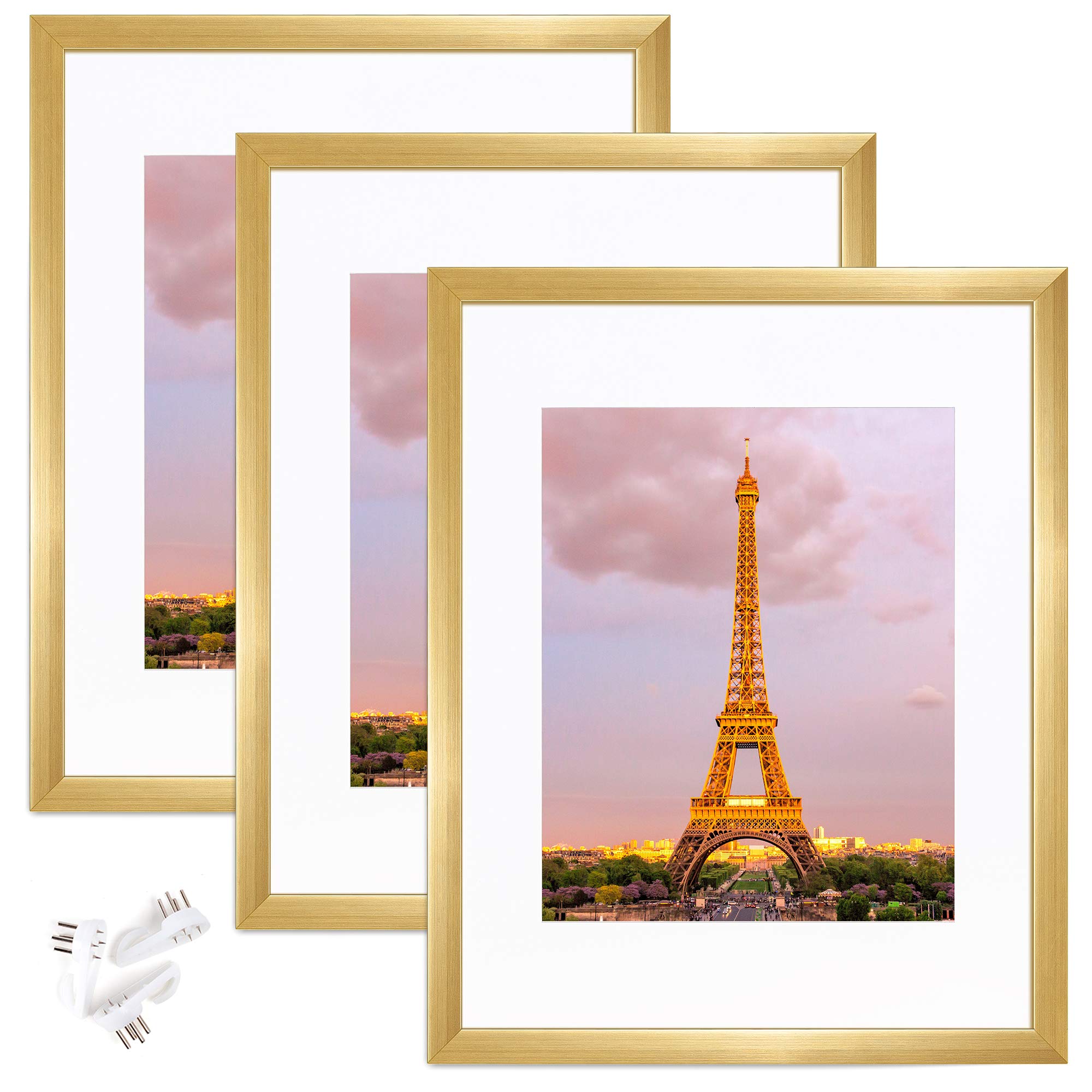 11x14 Glass Picture Frame Set of 3 & Plastic Frame Set of 5 - Gold Wall Photo Frames for Home Decor, Office Display, and Wedding Photos