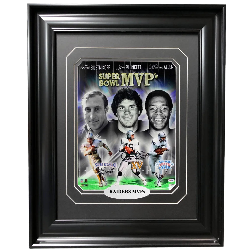 Authentic Raiders SB MVPs Biletnikoff Allen Plunkett Signed Framed 16x20 Memorabilia with PSA/DNA COA - Perfect for Las Vegas Raiders Fans, Sports Collectors, and Man Cave Decor