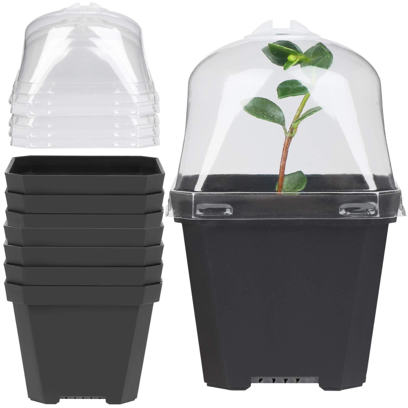 7 Sets Black Plastic Nursery Pots with Humidity Dome - Square Flower Pot Planter Container for Seedlings, Herbs & Succulents - Ideal for Indoor Gardening & Greenhouse Use