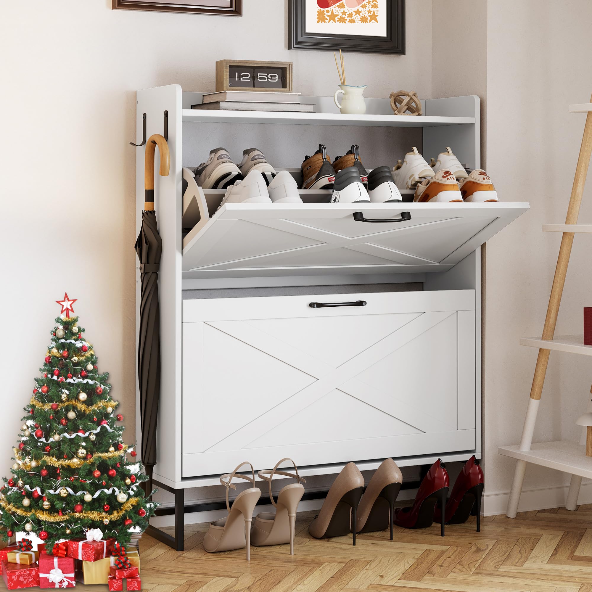 Hidden Shoe Storage Cabinet with 2 Rattan Flip Drawers & Adjustable Shelves - Entryway Shoe Organizer for Hallway, Closet | Perfect for Small Spaces & Apartment Living