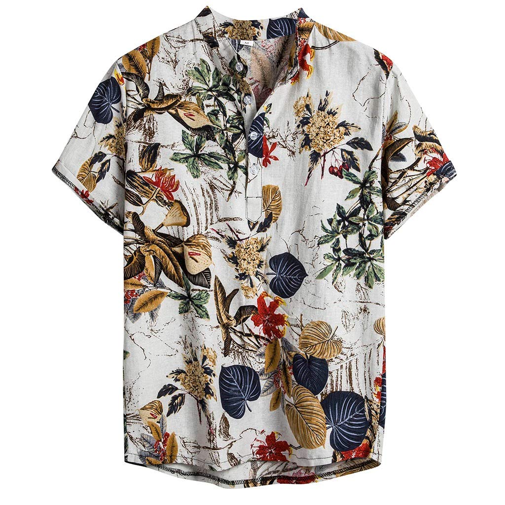 Fxbar Men's Hawaiian Ethnic Linen Sleeve Cotton Dress Shirt - Slim Fit Patterned T-Shirt (3XL) | Perfect for Beach Parties, Summer Vacations & Casual Office Wear