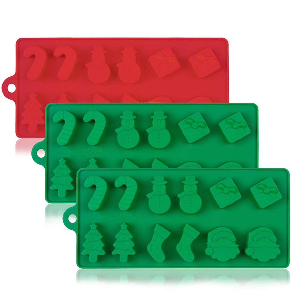 3 Pack Silicone Christmas Candy Molds for Holiday Baking - Reusable Red & Green Chocolate Molds for Cake Decorating, Cookies, DIY Desserts (Christmas Party, Gift Making, Home Baking)