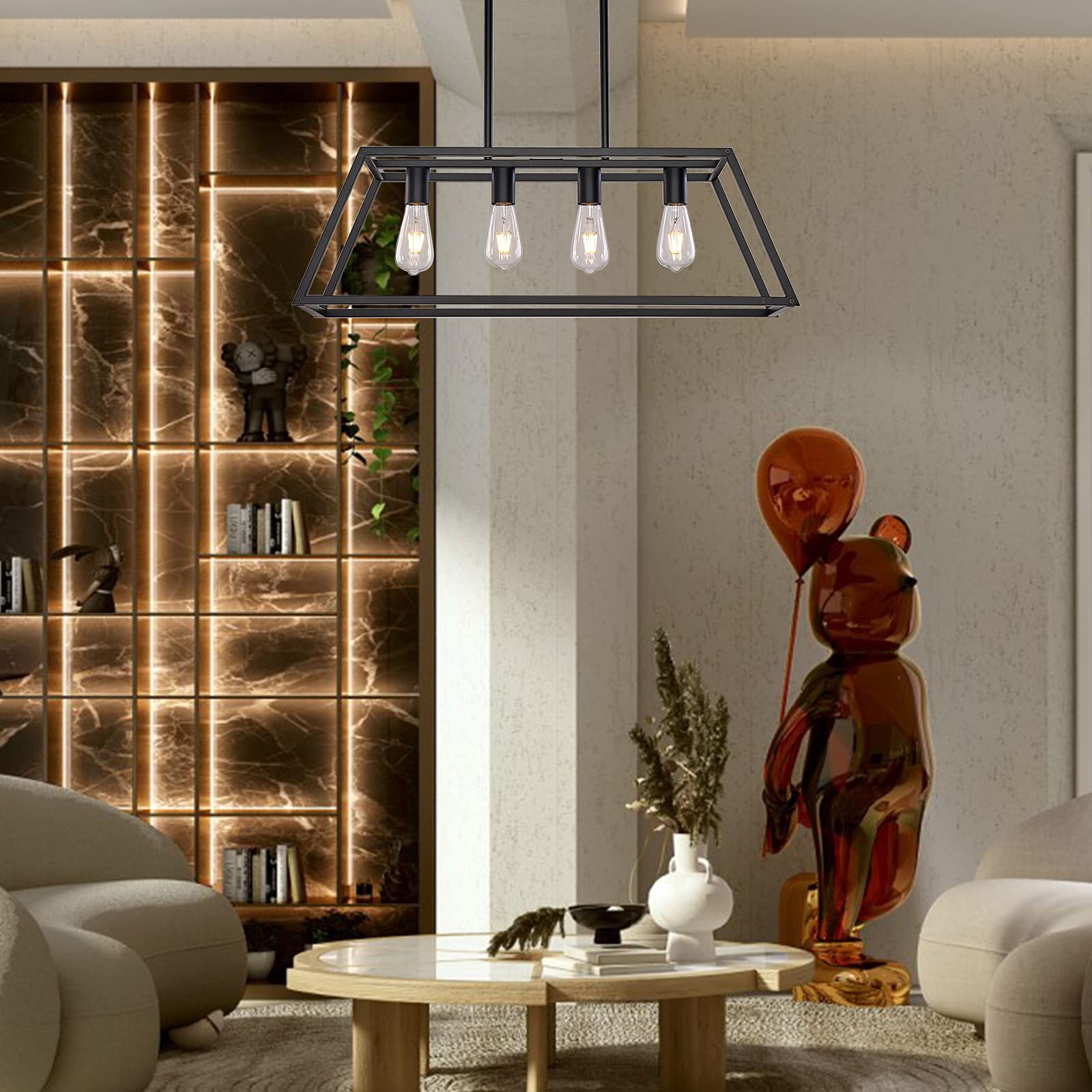 XILICON Modern 4-Light Black Linear Pendant Light - Farmhouse Kitchen Island Chandelier for Dining Room, Hanging Cage Lighting Fixture | Perfect for Farmhouse, Industrial & Contemporary Home Decor