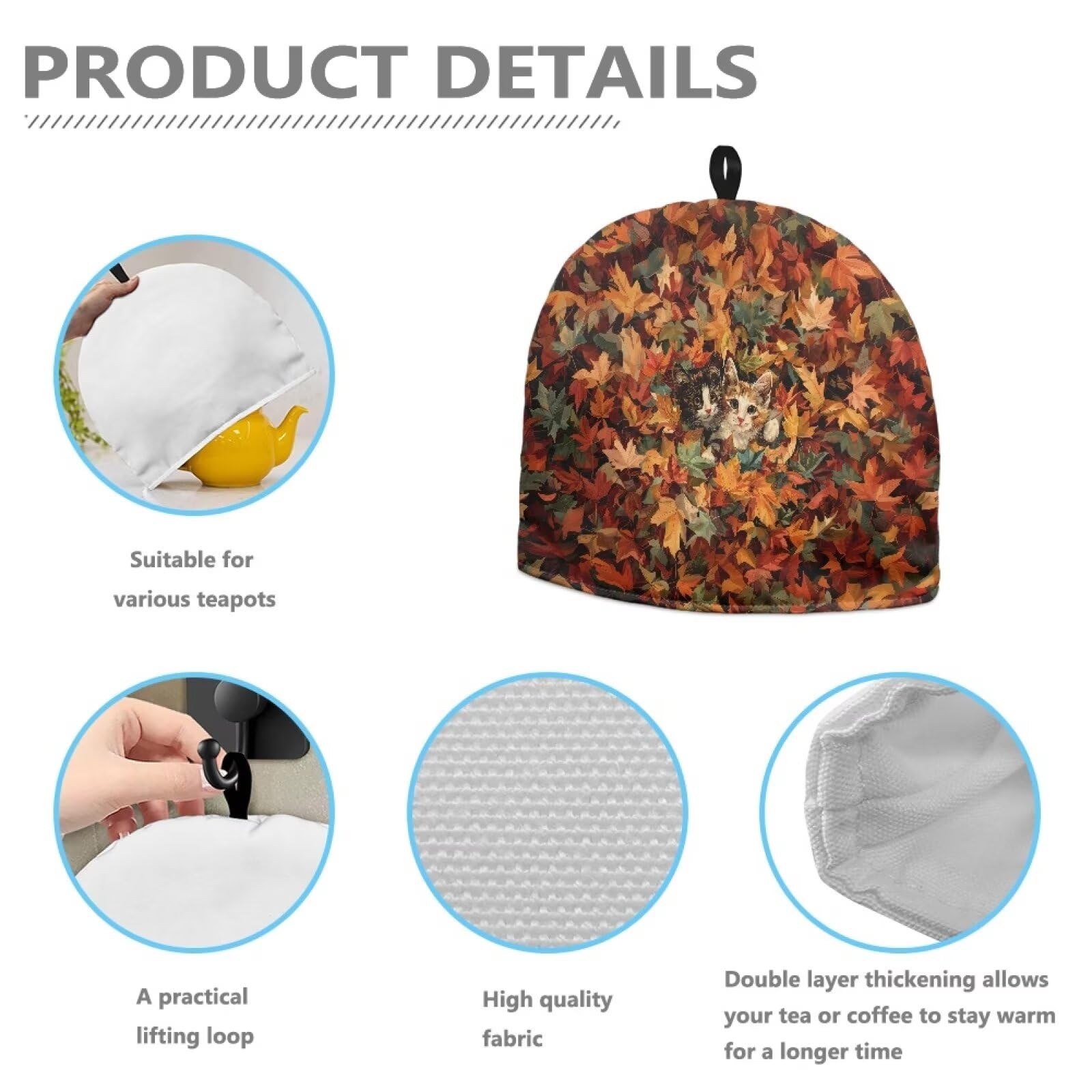 Insulated Tea Cozy for Teapots - Thick Heat-Resistant Tea Pot Warmer Cover with Maple Leaf & Kitty Design - Perfect for Home, Hotel & Table Decor - Keep Your Tea Warm for Hours