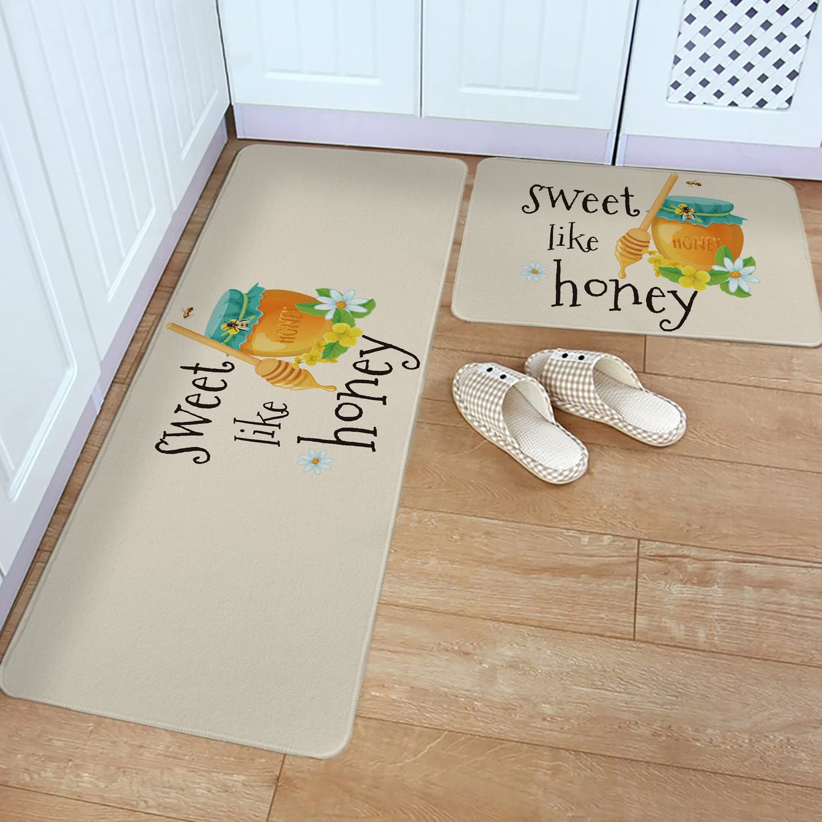 YOKOU 2-Piece Non-Slip Kitchen Rug Set - Farmhouse Honey Bee & Flower Design Floor Mats for Bathroom, Living Room, Laundry, Bedroom - Perfect for Farmhouse Decor, Entryway Runners & Cozy Home Accents