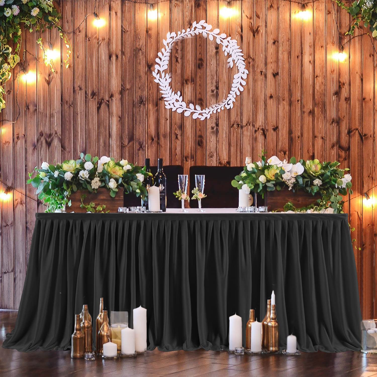 Black Polyester Table Skirt 12ft - Wrinkle Resistant for Banquet & Wedding Decor