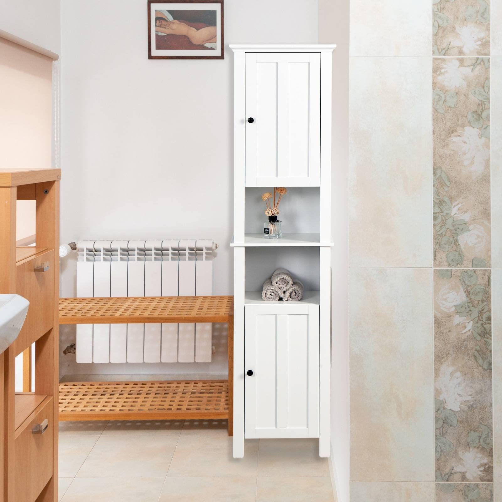 Tall Narrow Storage Cabinet - Multifunctional White Cabinet with 2 Open Shelves & Cupboard | Perfect for Bedroom, Bathroom, or Kitchen Organization