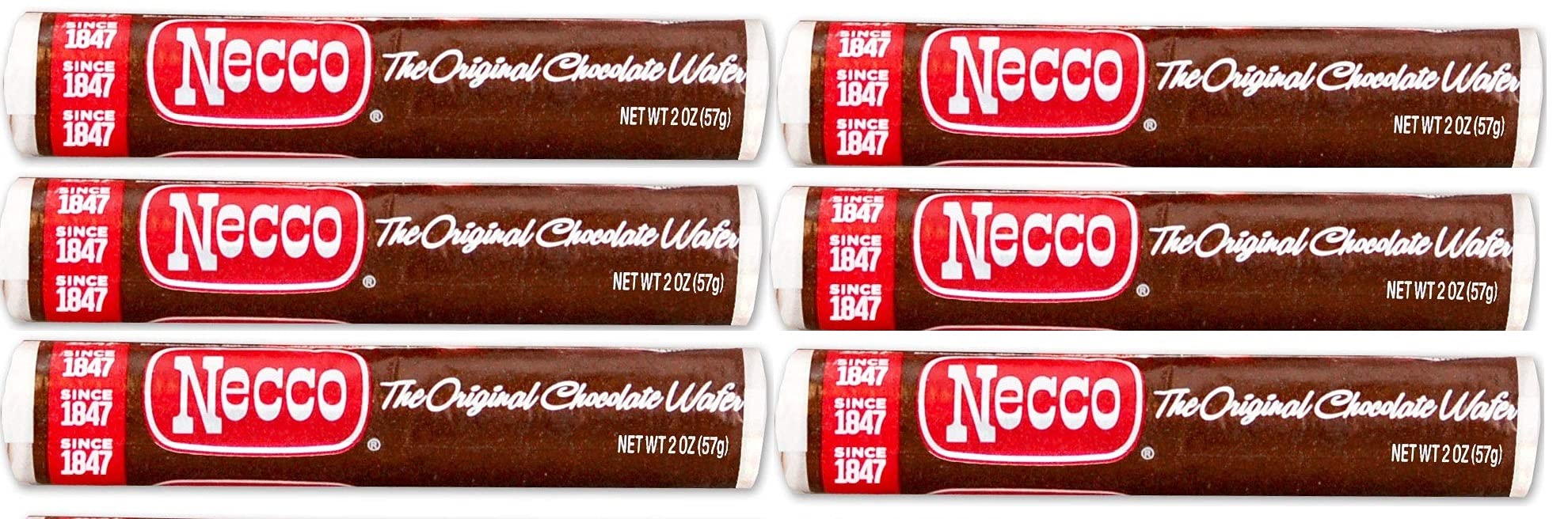 Necco Wafers Original Chocolate Flavored Hard Candy Rolls - 6 Pack (2.02oz Each) | Classic American Candy for Parties, Gifts & Nostalgic Treats