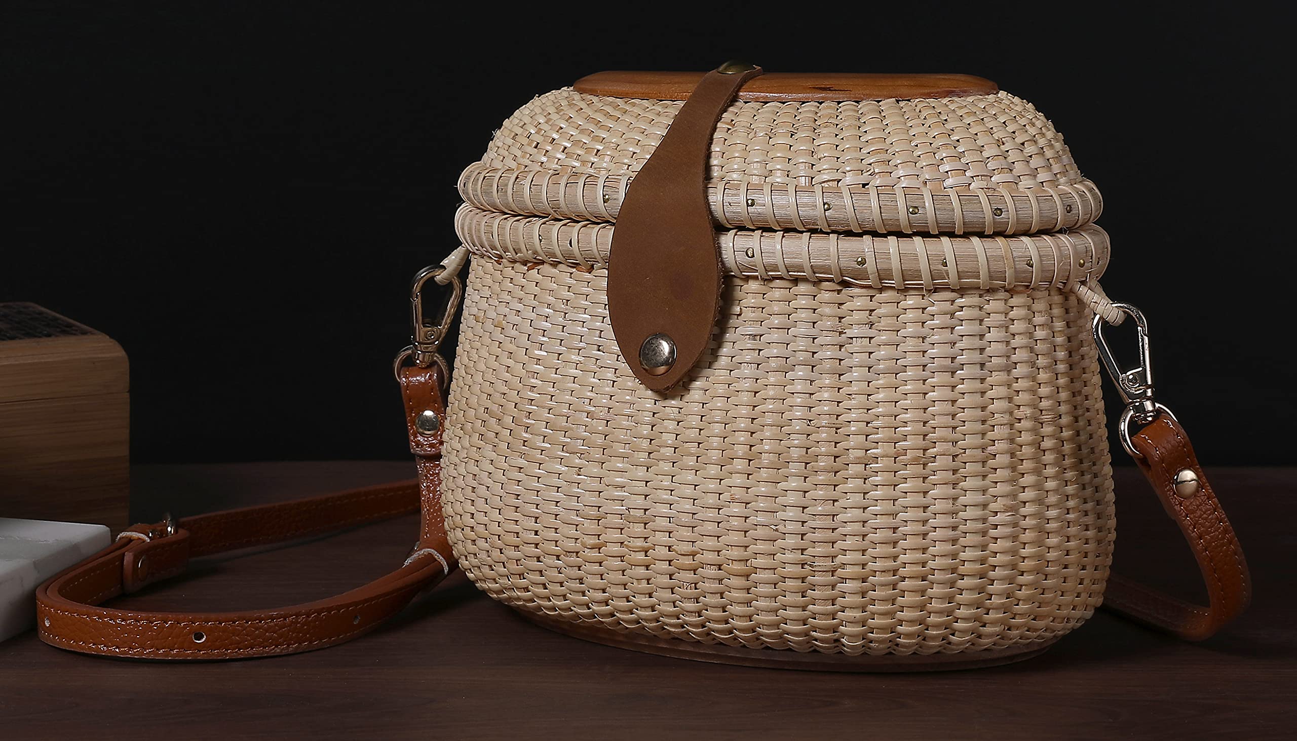 Nantucket Crescent Purse Basket - Handwoven Rattan Crossbody Bag with Leather Straps | Natural & Chic Shoulder Bag for Women | Perfect for Beach, Shopping & Summer Outfits