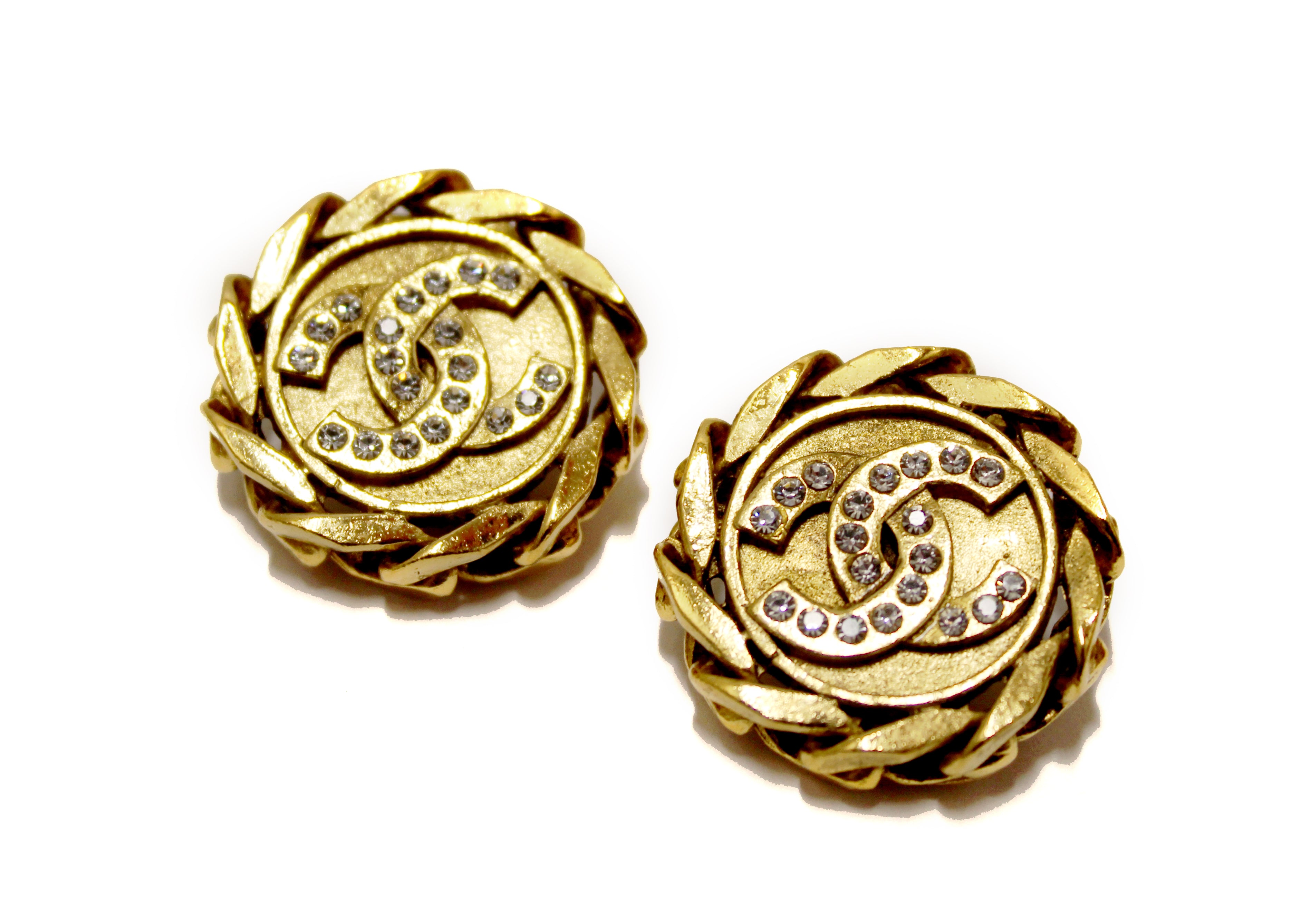 Authentic Vintage Chanel Gold Plated CC Rhinestone Clip-On Earrings - Classic Luxury Jewelry for Women, Perfect for Parties, Weddings & Special Occasions