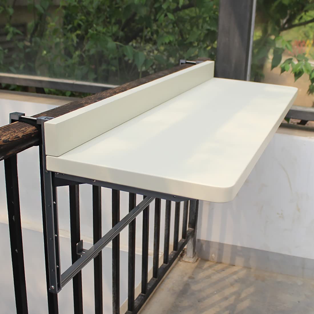HHXX Foldable Outdoor Side Table - Adjustable Wall Mounted Balcony Railing Table for Patio, Garden, Deck - White (31.4x15.7 Inches) - Perfect for Small Spaces, Coffee Break, Reading Nook & Outdoor Dining