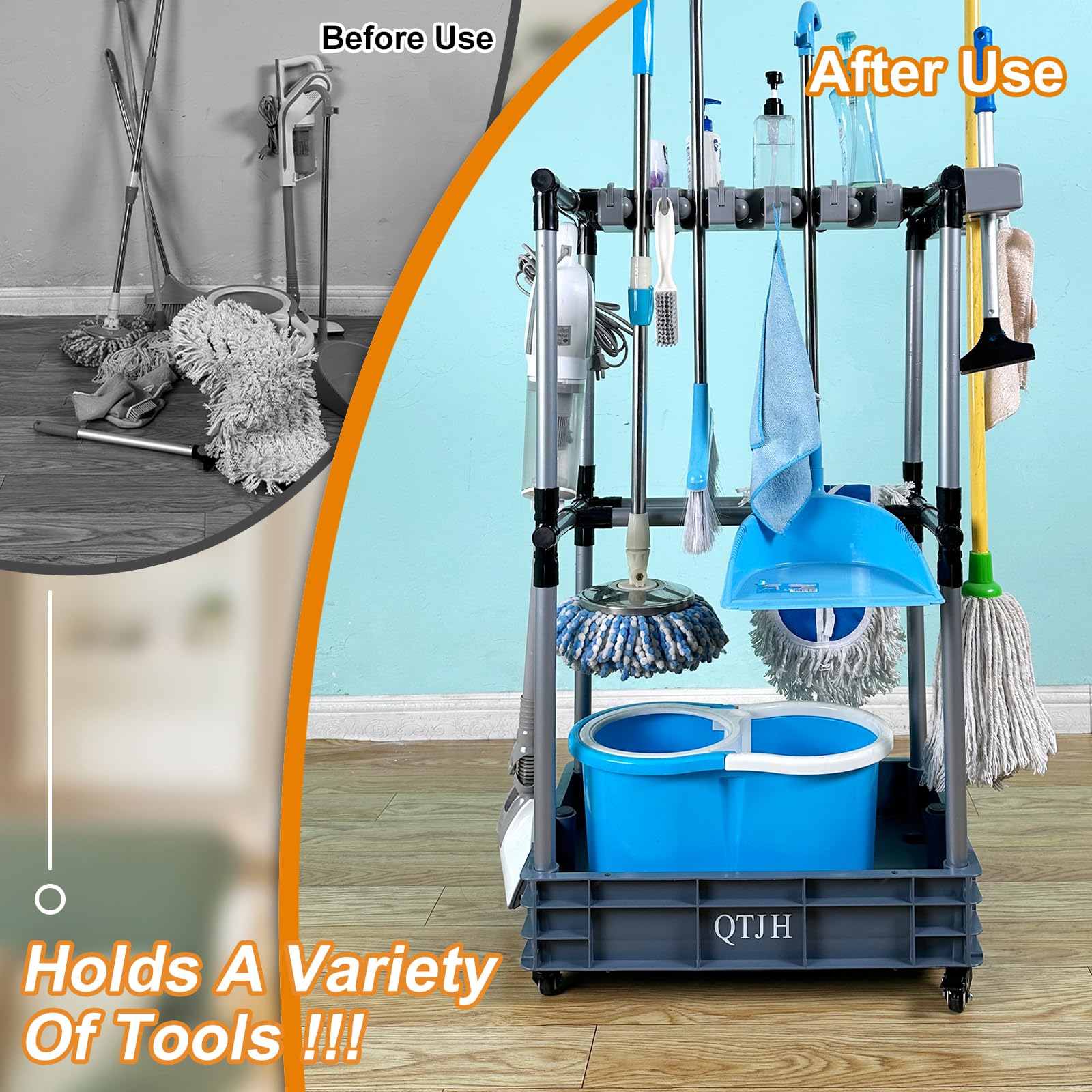 QTJH Floor-Standing Multi-Functional Cleaning Tool Organizer - Wall Mount Broom & Mop Holder with Hooks for Storage of Cleaning Supplies - Perfect for Kitchen, Garage, Laundry Room & Bathroom Organization
