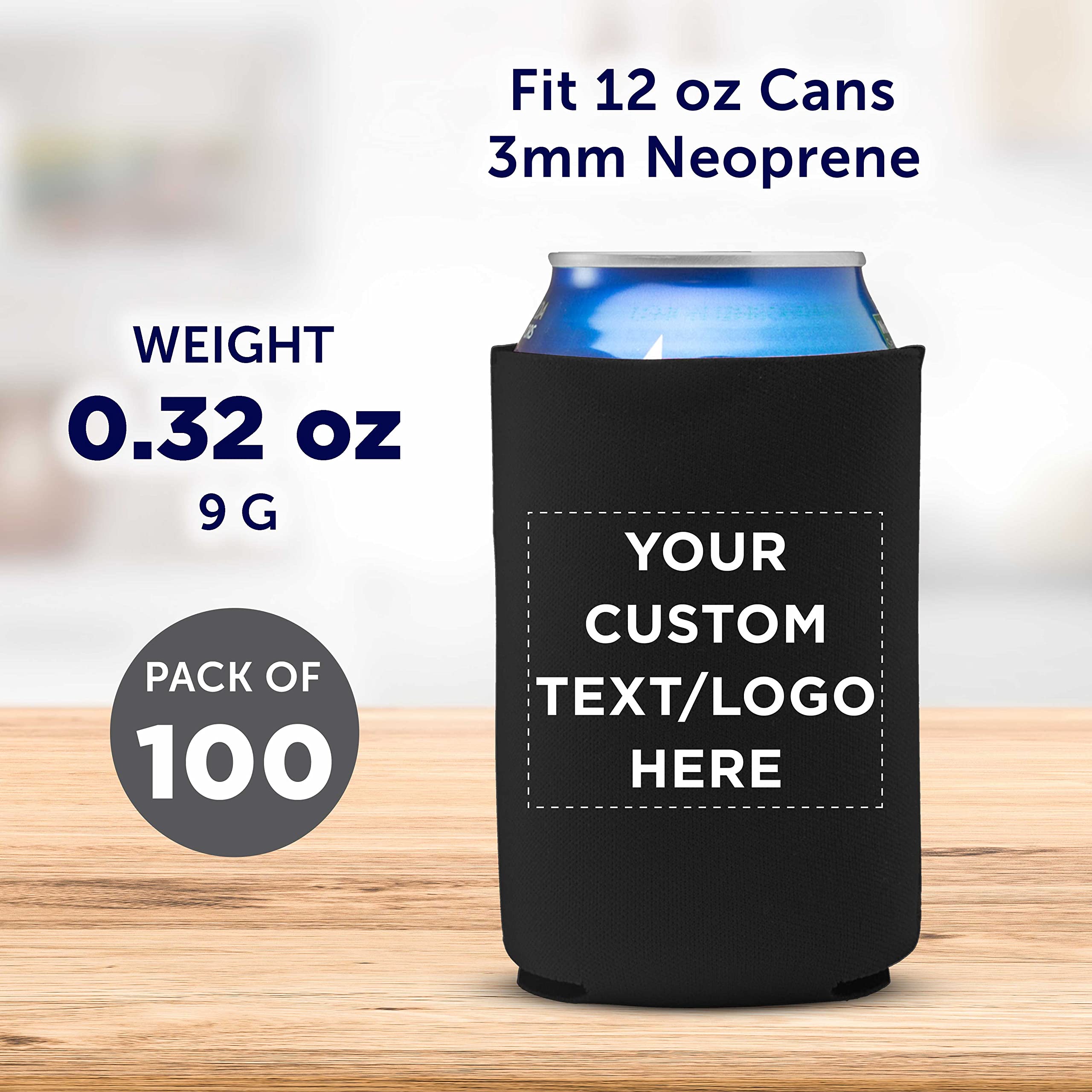 Custom Neoprene Collapsible Can Coolers 12 oz (Set of 100) - Bulk Personalized Beer Koozies for Weddings, Parties & Events - Black - Perfect for Outdoor BBQs, Tailgating & Beach Parties