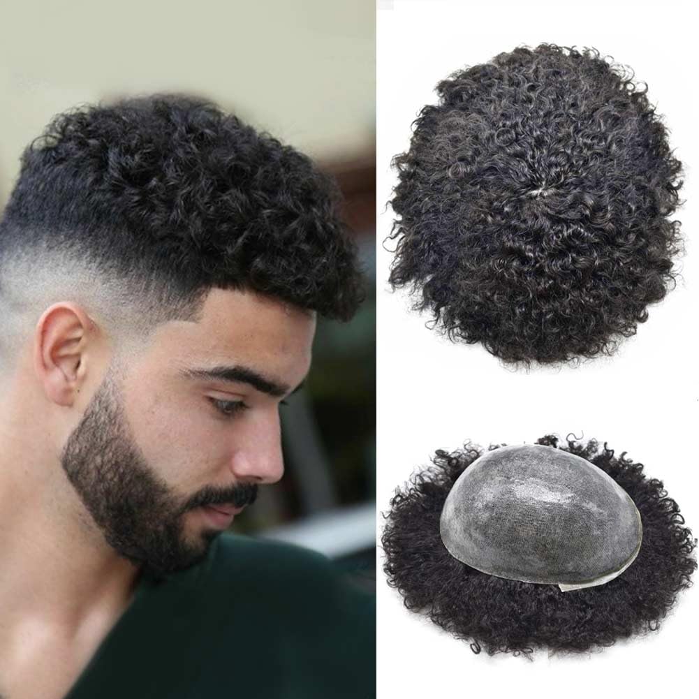 Afro Toupee for Black Men - Real Human Hair Kinky Curly Toupee | Men's Weave Hair Unit | African American Hairpiece (1B# Off Black, 10mm Wave) - Perfect for Daily Wear, Cosplay & Special Events
