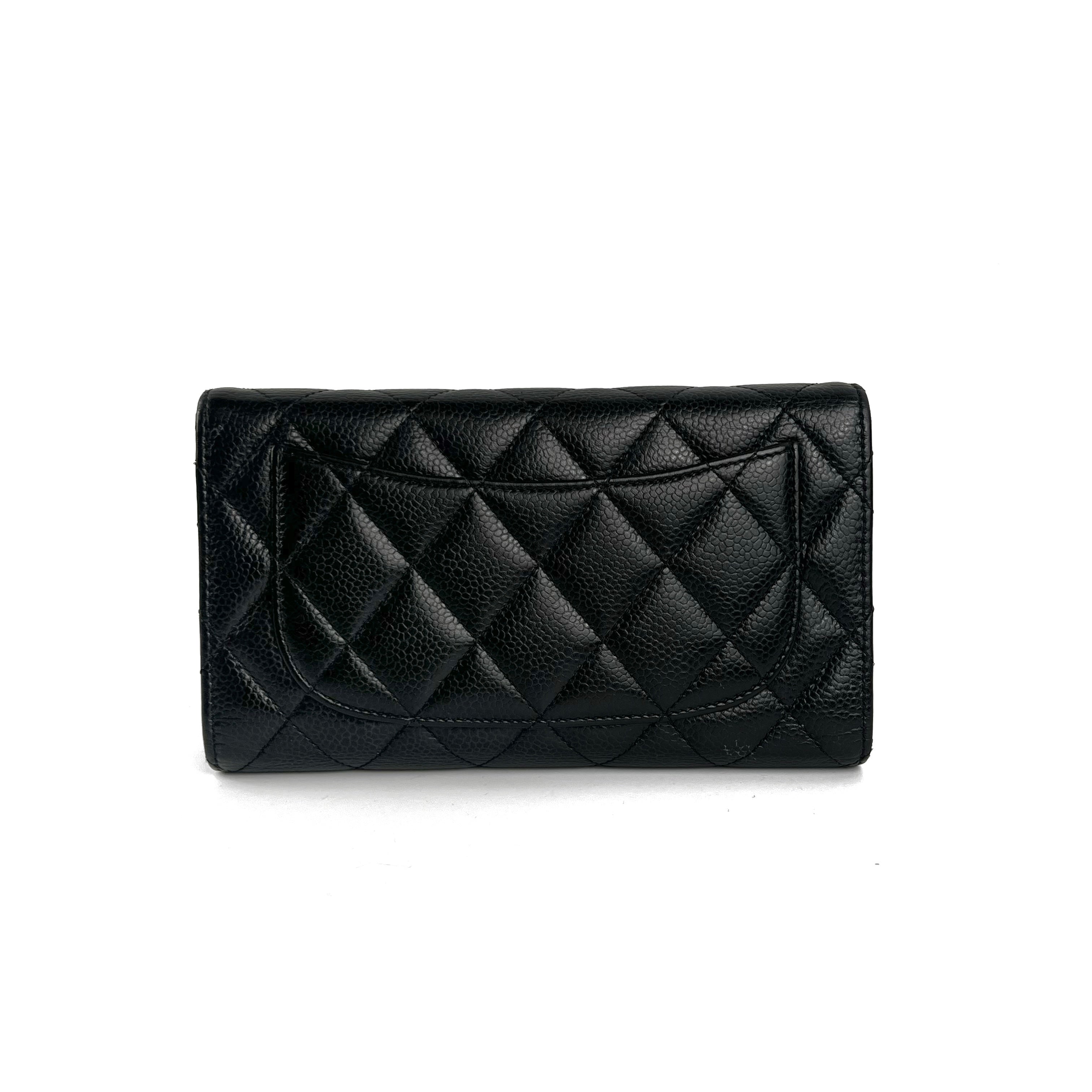 Chanel Classic Long Black Caviar Leather Wallet for Women | Luxury Designer Card Holder & Coin Purse | Perfect for Everyday Use, Travel, and Gifts