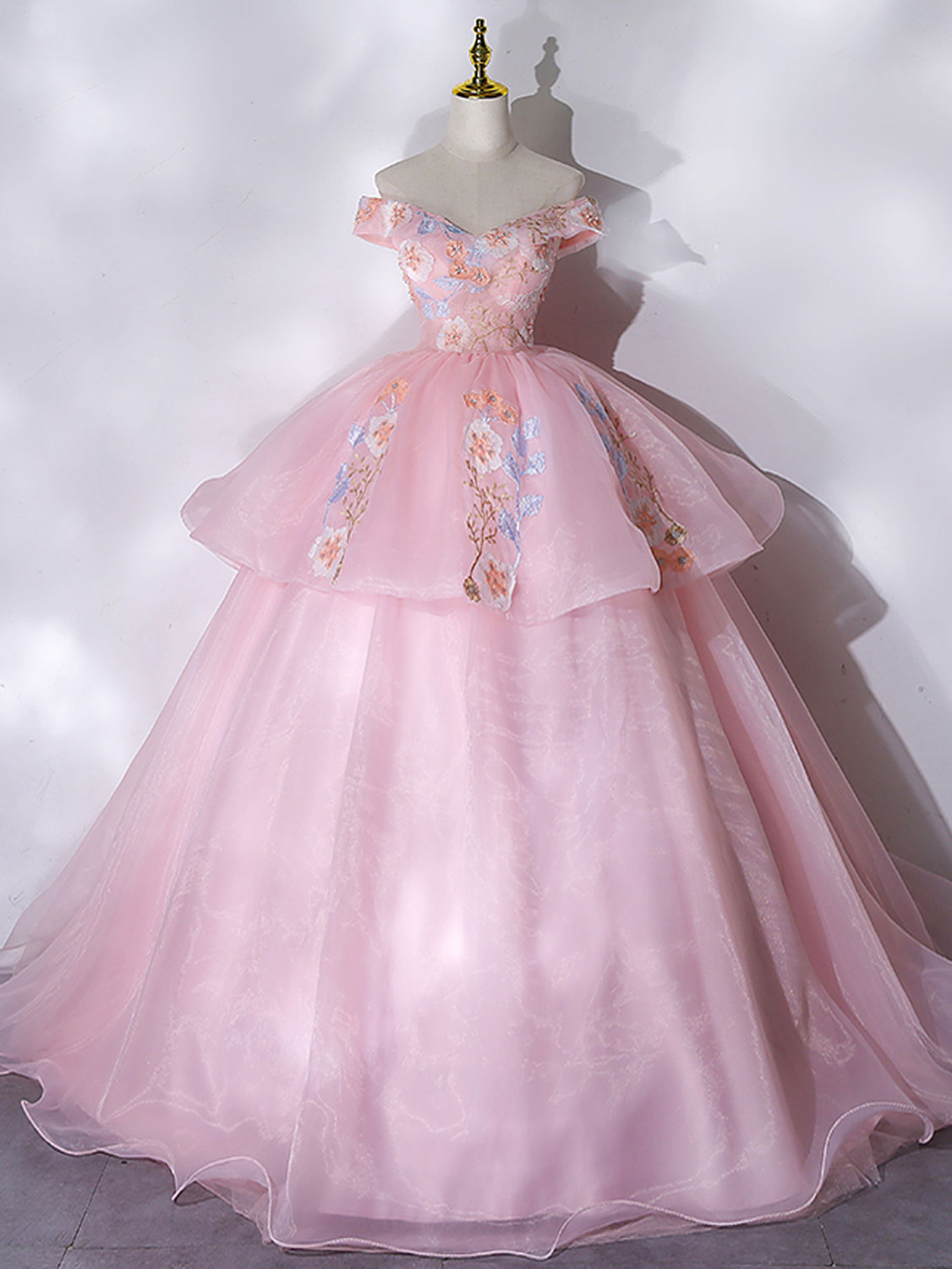 Elegant A-Line Off Shoulder Organza Lace Pink Long Prom Dress for Sweet 16 Party, Homecoming, Formal Events & Special Occasions