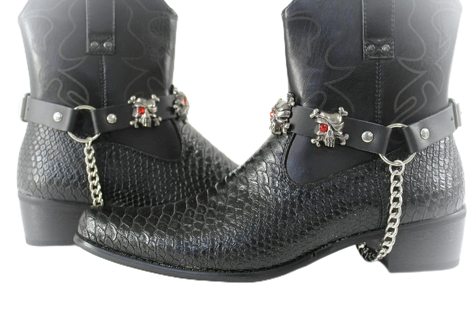 Men's Western Boot Bracelet - Silver Chain & Black Leather Strap with Pirate Skull Design - Chunky Statement Bangle Jewelry for Cowboy, Biker & Rock Fashion Accessories
