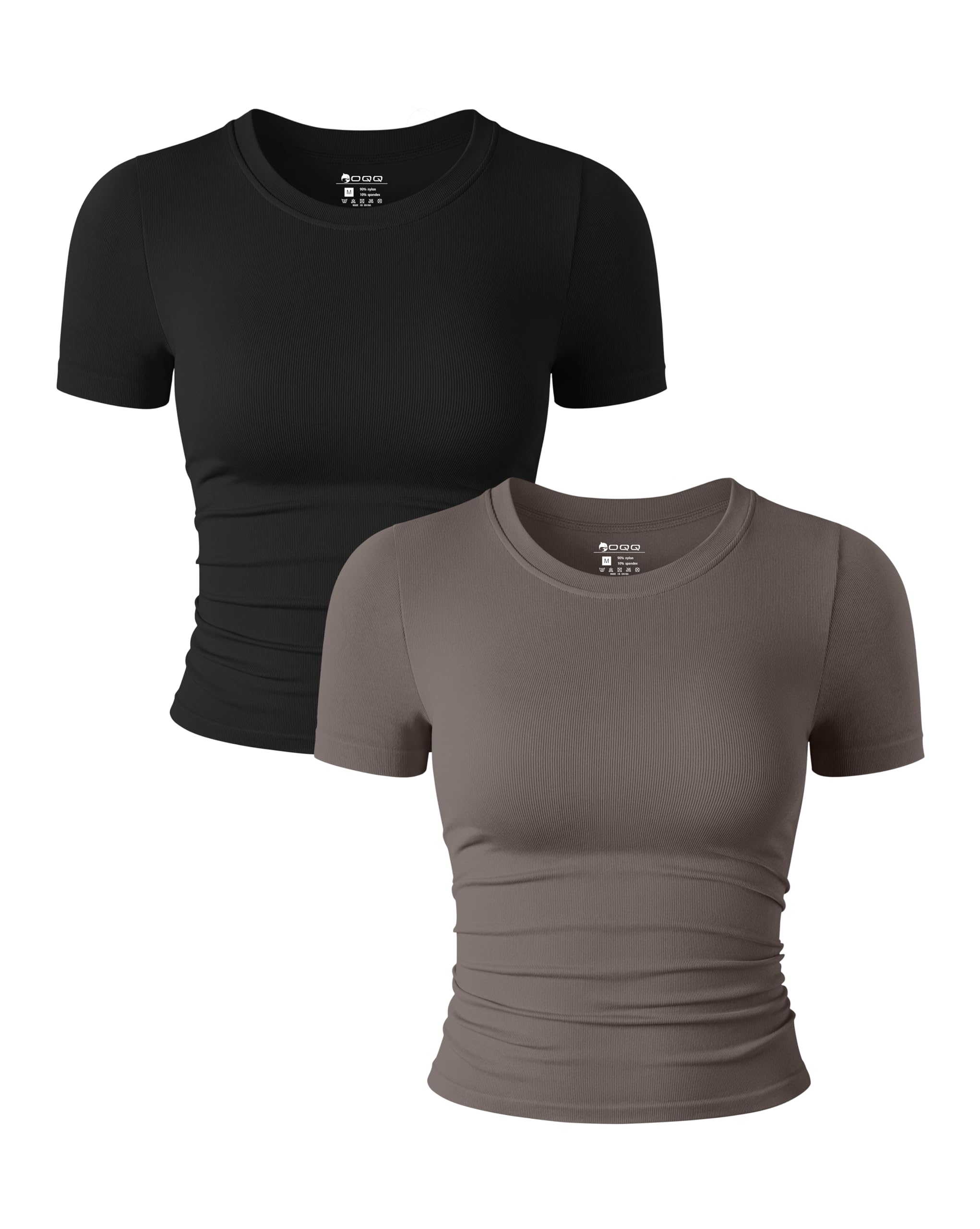 OQQ Women's 2-Piece Short Sleeve Crew Neck Ruched Stretch Fitted Tee Shirts & Crop Tops Set - Casual Summer Outfits for Beach, Streetwear and Daily Wear