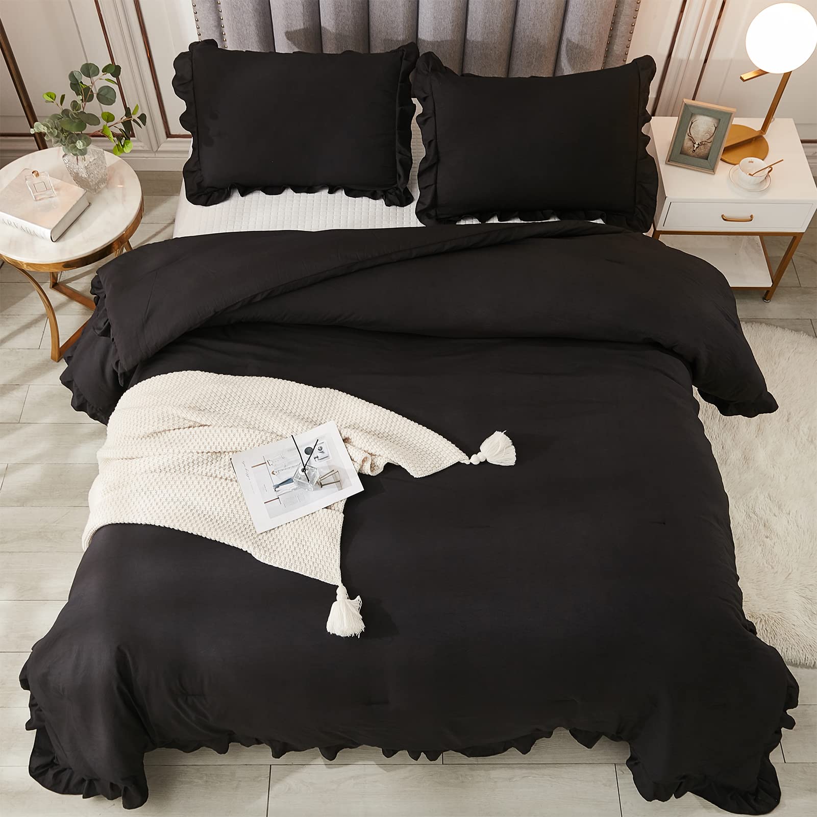 Andency Black Ruffle Comforter Set Full Size (79x90 Inch) - 3 Piece Farmhouse Shabby Chic Bedding with Ruffled Comforter & 2 Pillowcases | Vintage Soft Microfiber Down Alternative Comforter Set for Cozy Bedroom Decor | Perfect for Guest Rooms, Master Bedrooms & Airbnb Stays