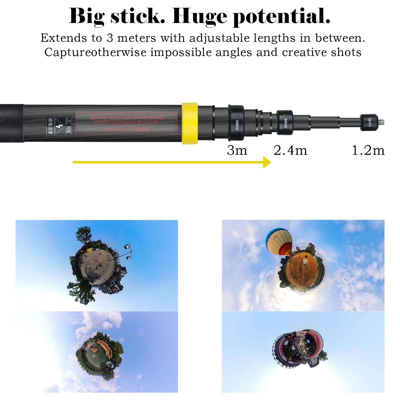 3M 9.8ft Carbon Fiber Extended Edition Invisible Selfie Stick for Insta360 X4 X3 ONE X2 ONE R ONE X ONE RS GO 2 ONE Action Camera (Yellow) - Perfect for Vlogging, Travel Adventures, and 360° Photography