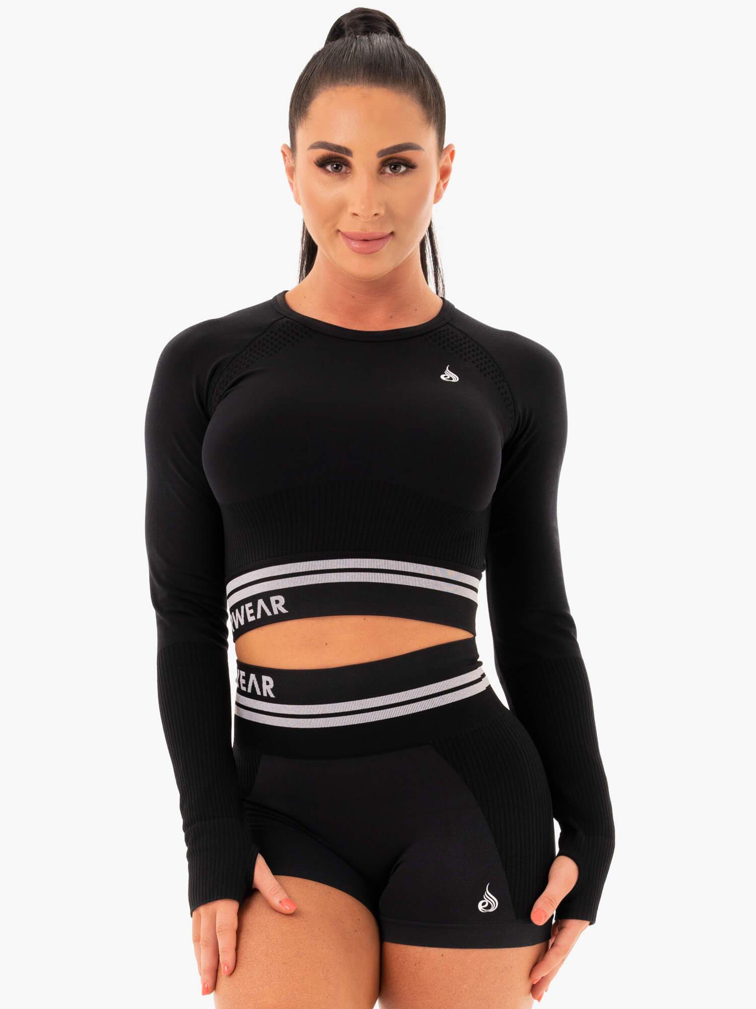 Freestyle Seamless Long Sleeve Crop Top - Black | Women's Workout Shirt for Yoga, Gym & Running | Comfortable Athletic Wear for Fitness & Casual Style