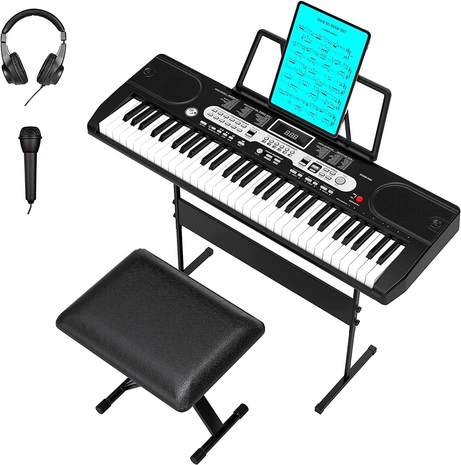 61 Key Electric Piano Keyboard Set with Microphone, Headphones, Stand, Stool & Carry Bag - Perfect Portable Beginner Keyboard for Kids & Adults - Ideal for Home Practice, Music Lessons, Birthday & Christmas Gifts