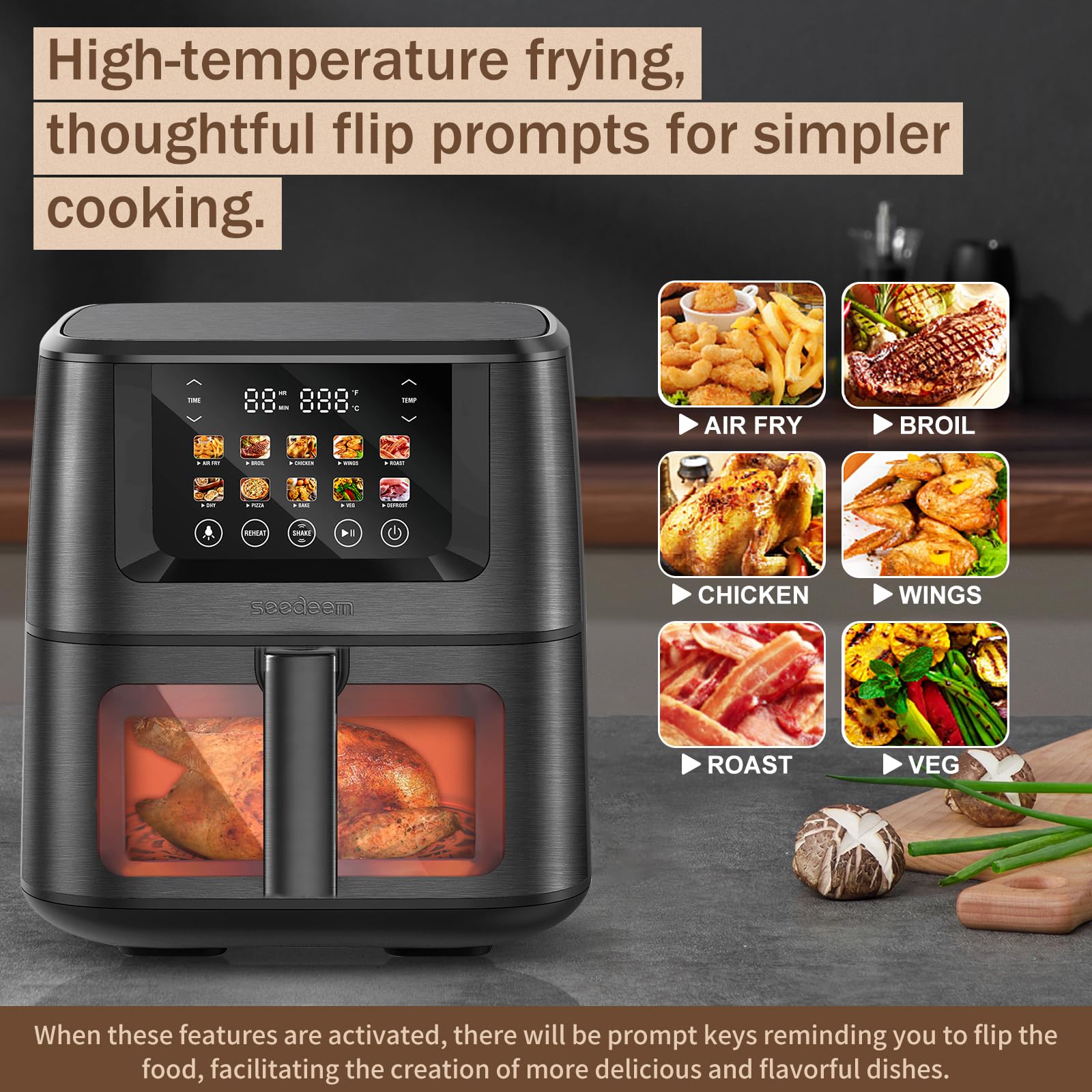 SEEDEEM Max XL 8-Quart Air Fryer Oven - 10-in-1 Countertop Convection Toaster Oven with LCD Touchscreen, Clear View Window - Bake, Roast, Broil, Dehydrate - Perfect for Family Dinners, Meal Prep & Healthy Cooking (Black)