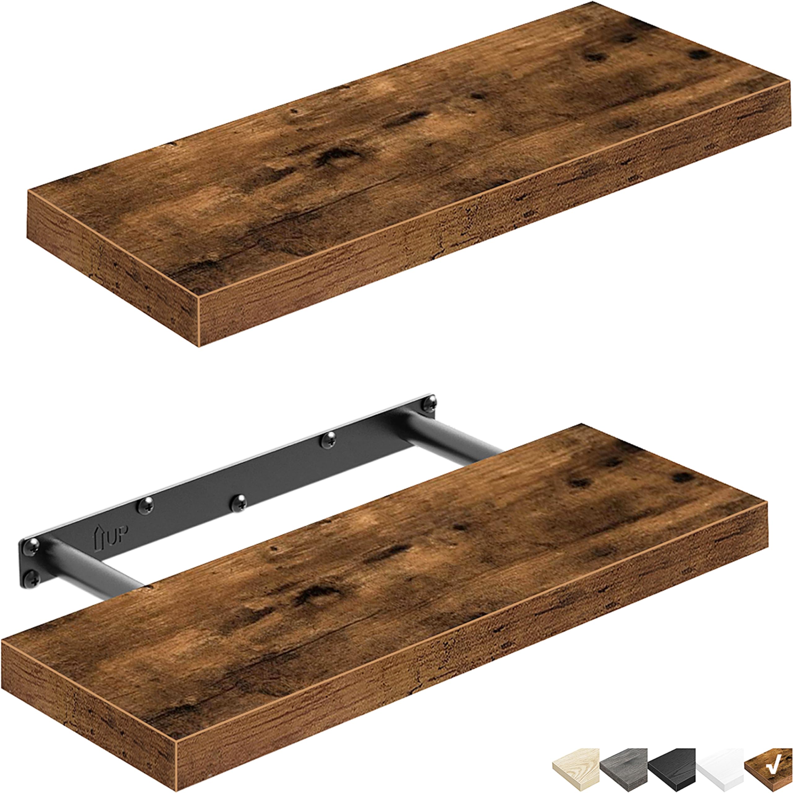 QEEIG 16 Inch Floating Shelves Set of 2 - Rustic Brown Wall Mounted Shelves for Bathroom, Bedroom, Kitchen & Living Room - Farmhouse Style Small Book Shelf (015-BN2) | Perfect for Home Decor, Storage & Displaying Photos, Plants & Books