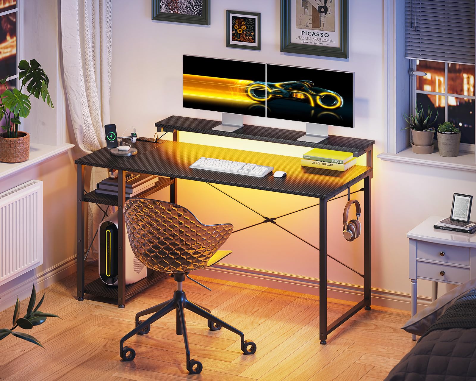 MOTPK 47 Inch Gaming Desk with LED Lights & Power Outlet - Carbon Fiber Computer Desk with Shelves, Adjustable Monitor Stand & Headphone Hook - Perfect for PC Gaming Setup, Home Office & Streaming Station (Black)