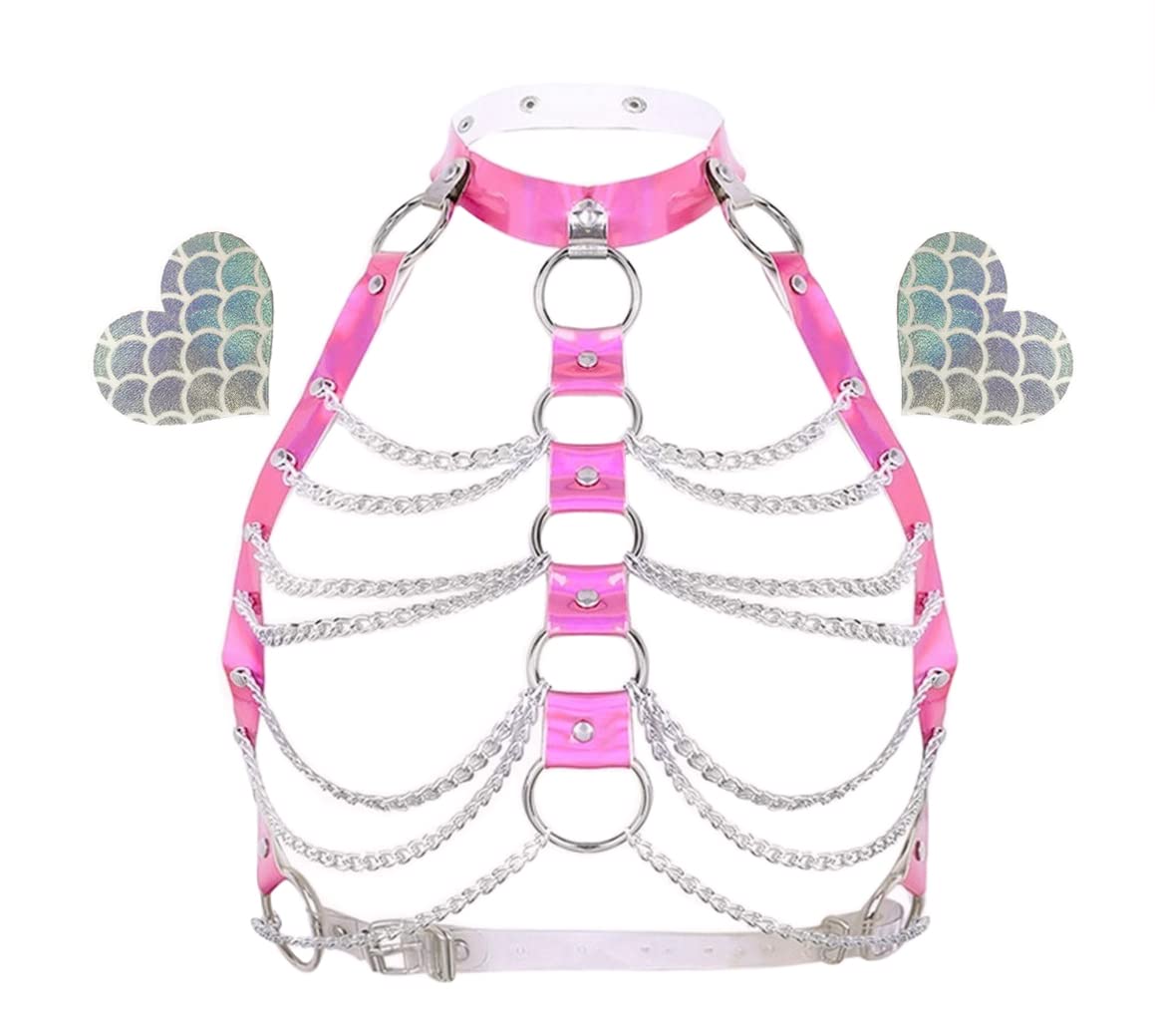 Holographic Rave Body Harness with Cage Bra, Choker & Chain Belts - Festival Costume for EDM, Music Events & Clubwear | Perfect for Rave Outfits, Cosplay & Nightlife Fashion