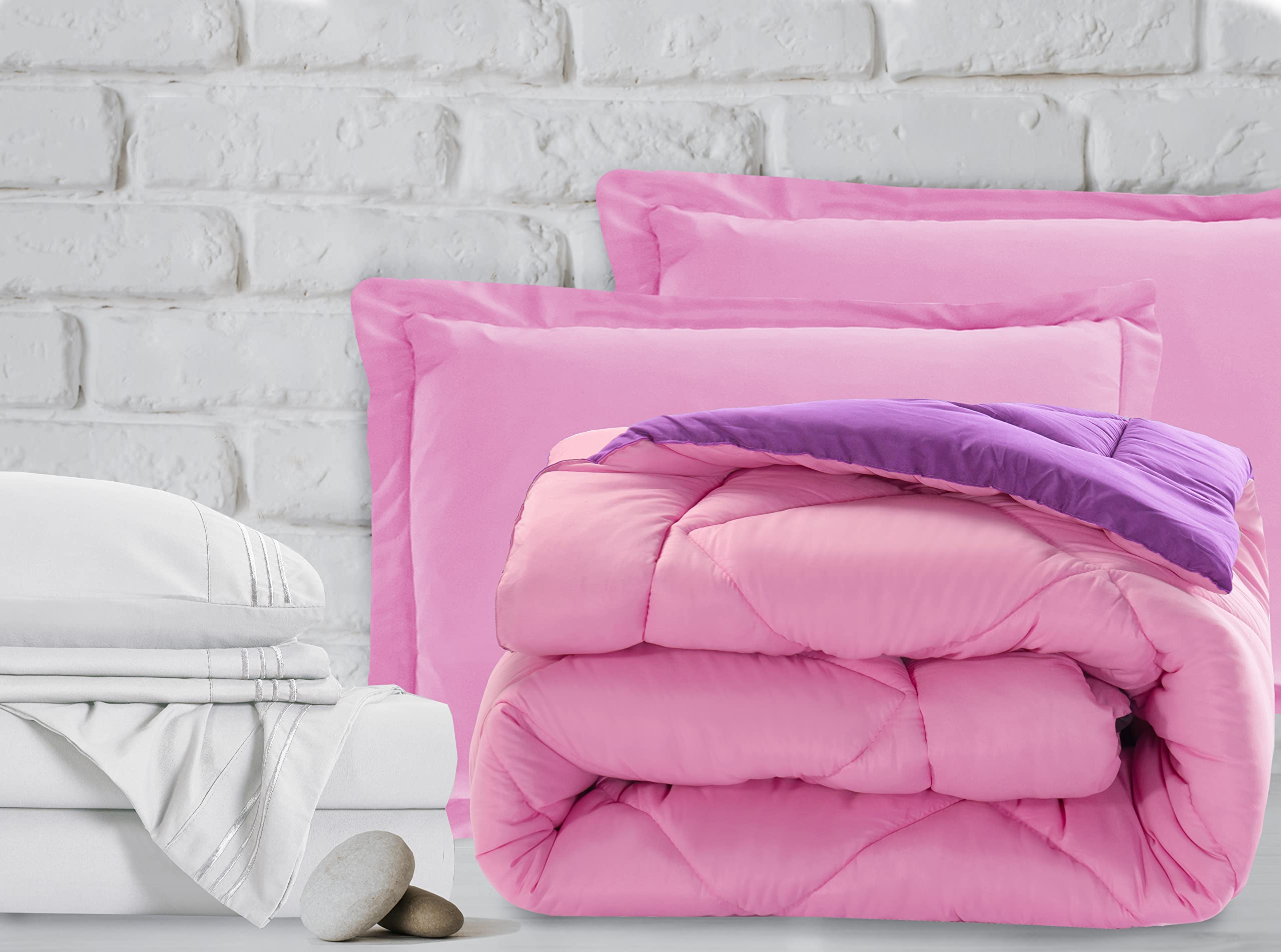 Luxury 7-Piece Twin Size Bed in a Bag Set - 1500 Thread Count Comforter & Sheet Collection, Ultra Soft, Wrinkle & Stain Resistant, Pink & Purple - Perfect for Guest Rooms, Dorms & Cozy Bedrooms